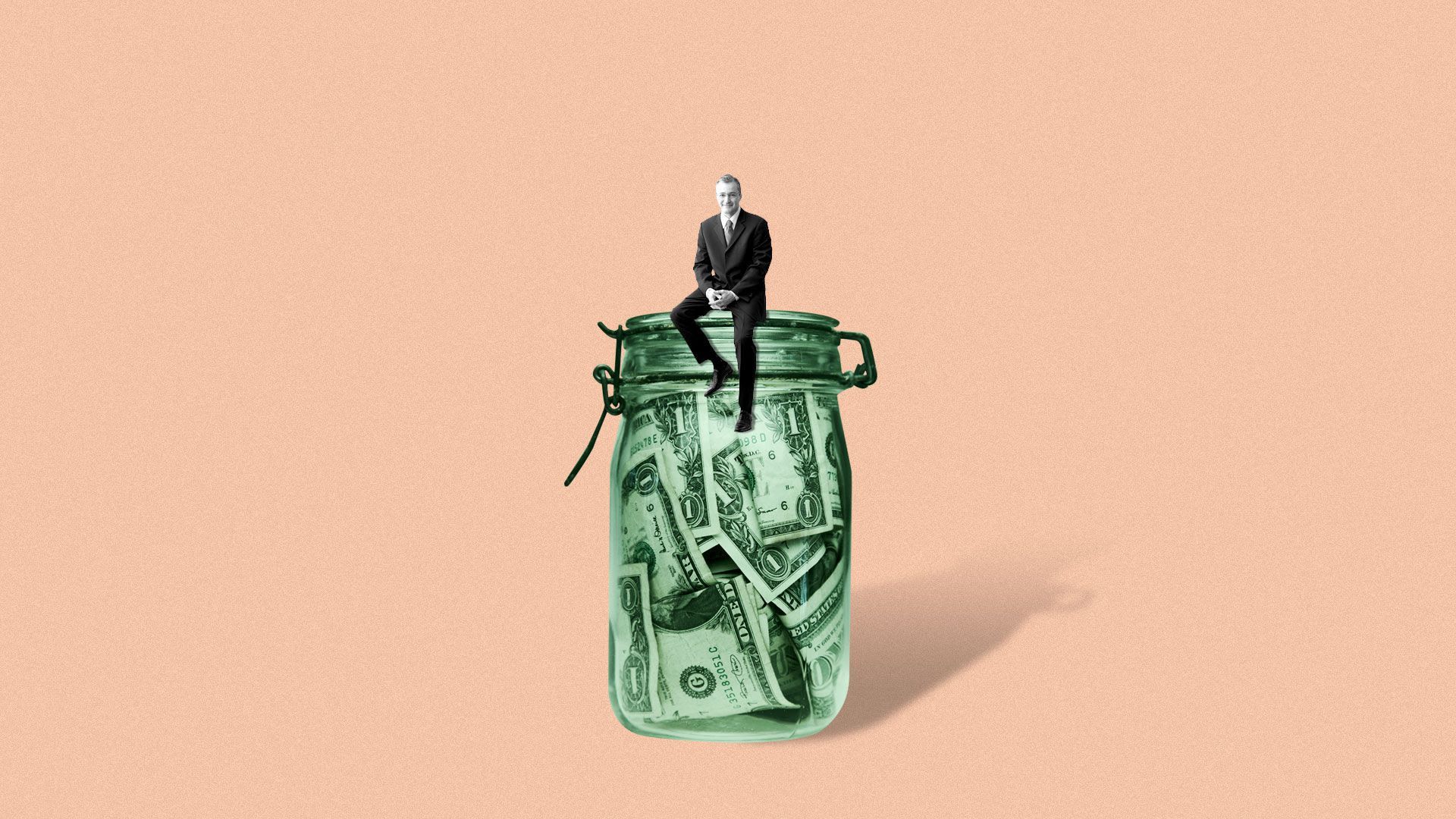 An illustration of a man sitting on a jar of money.