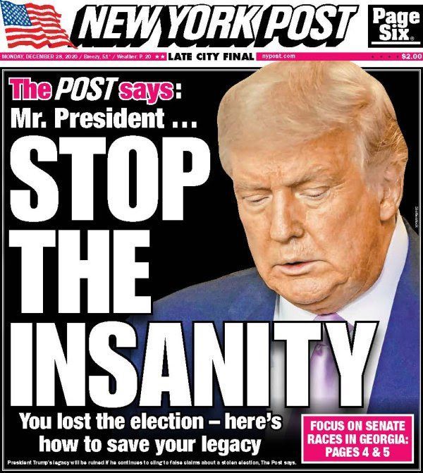 The cover of the new york post reading "stop the insanity"