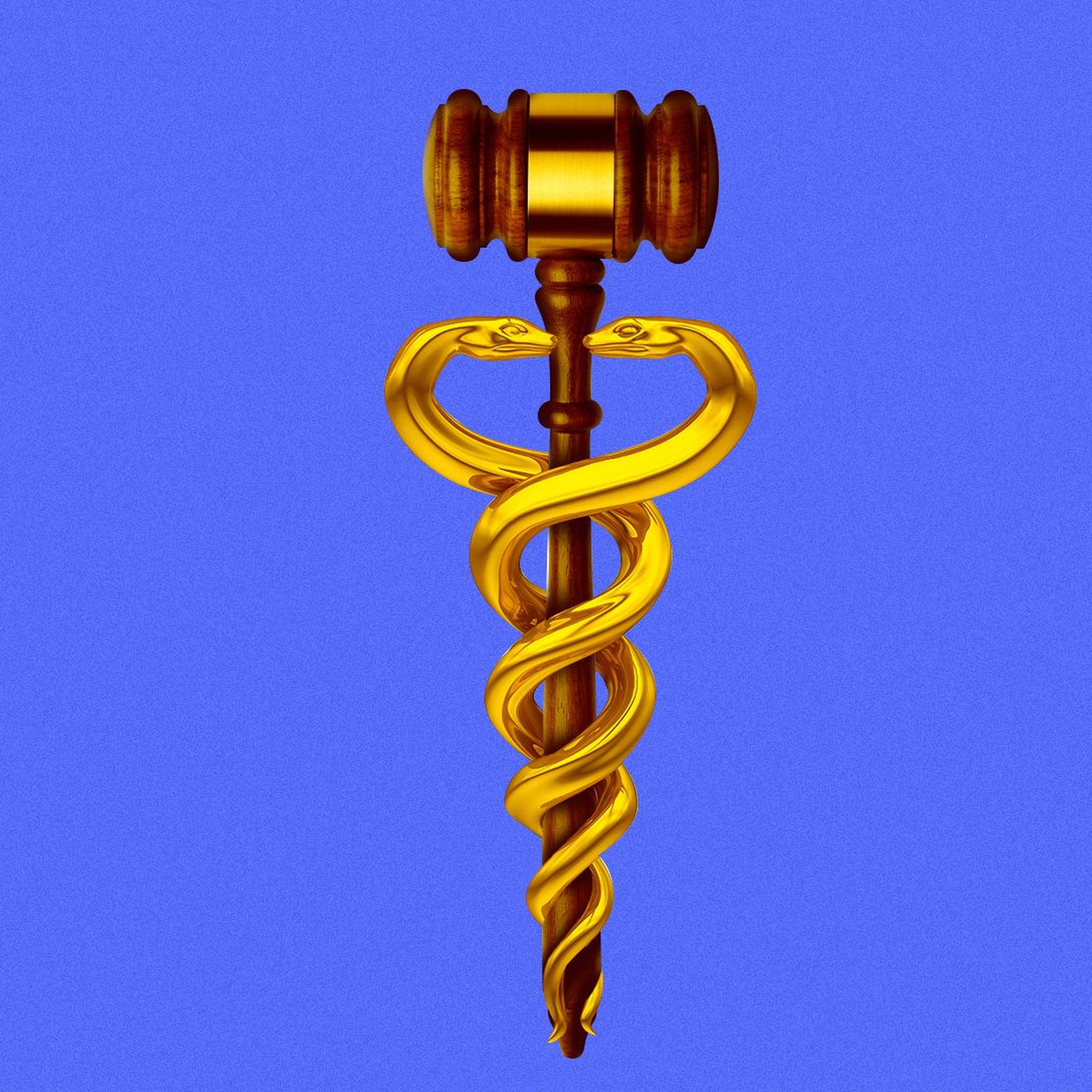 Illustration of a caduceus with a gavel in the center. 