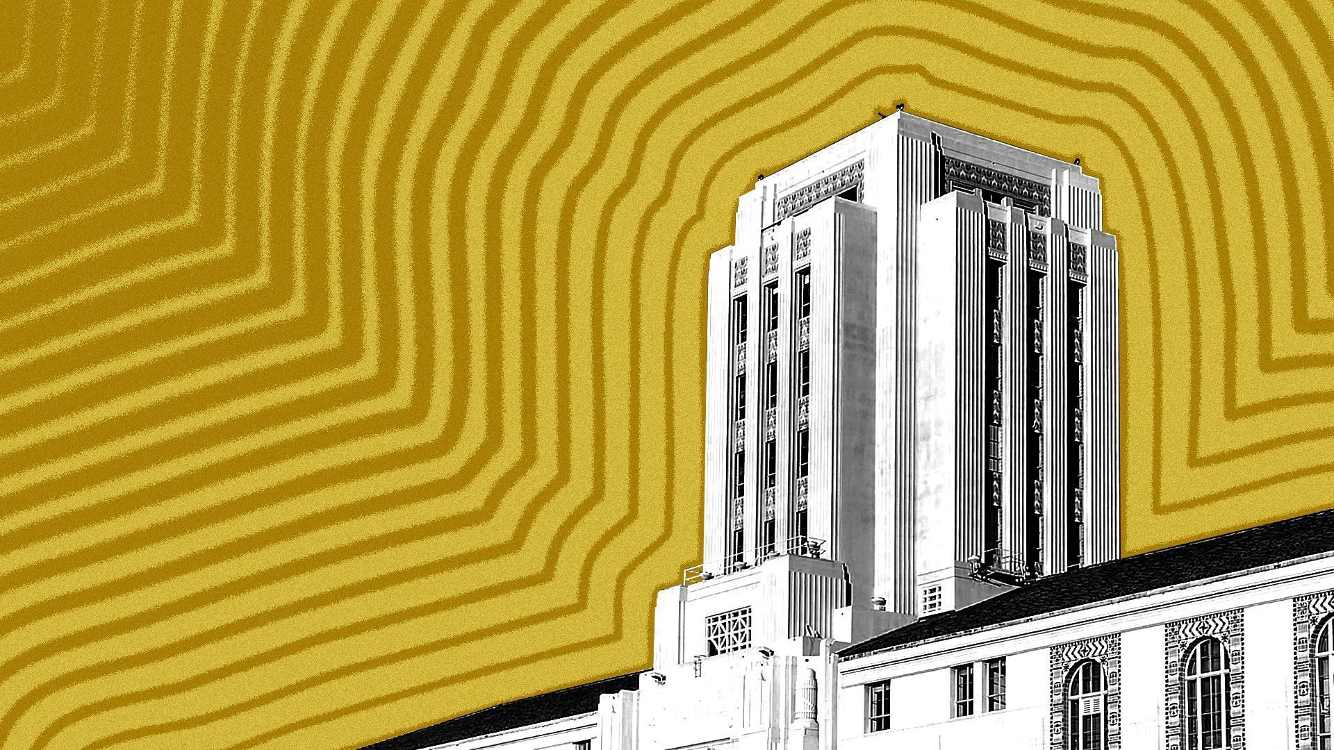 An illustration of the San Diego County administration building, with yellow lines emanating from it