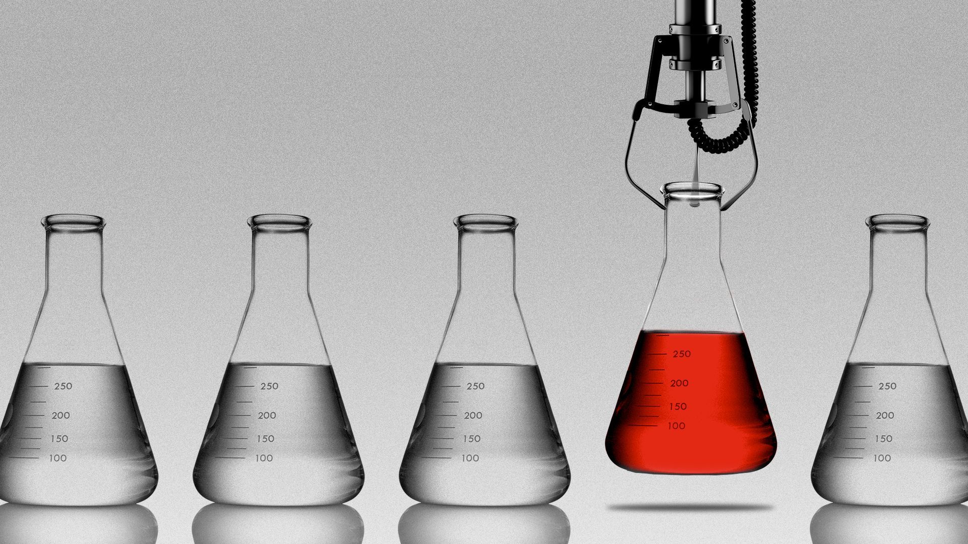 Illustration of a machine claw lifting a beaker of red liquid.