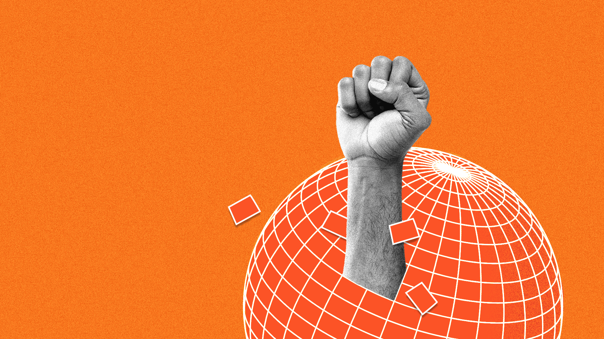 Illustration of a fist breaking through a sphere.