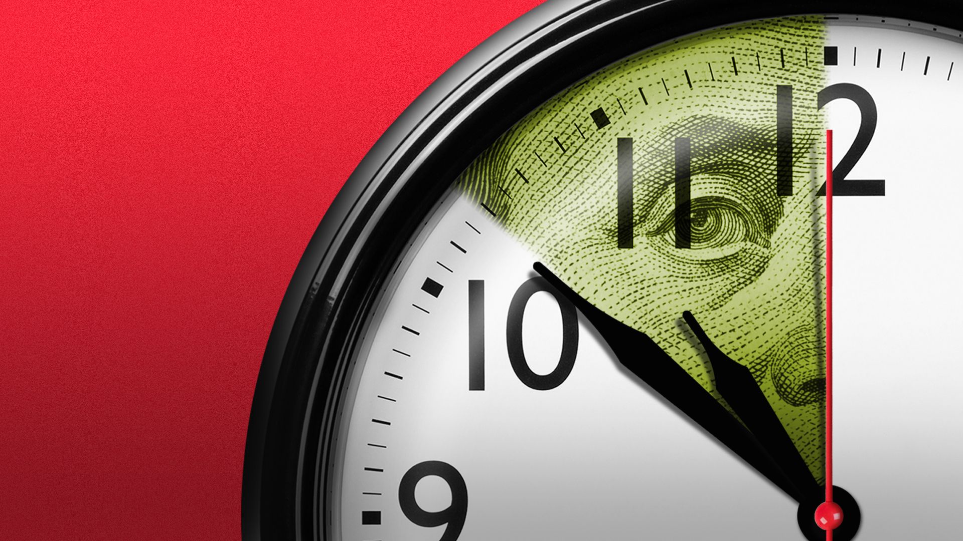 Illustration of a clock featuring a slice Ben Franklin from a hundred dollar bill