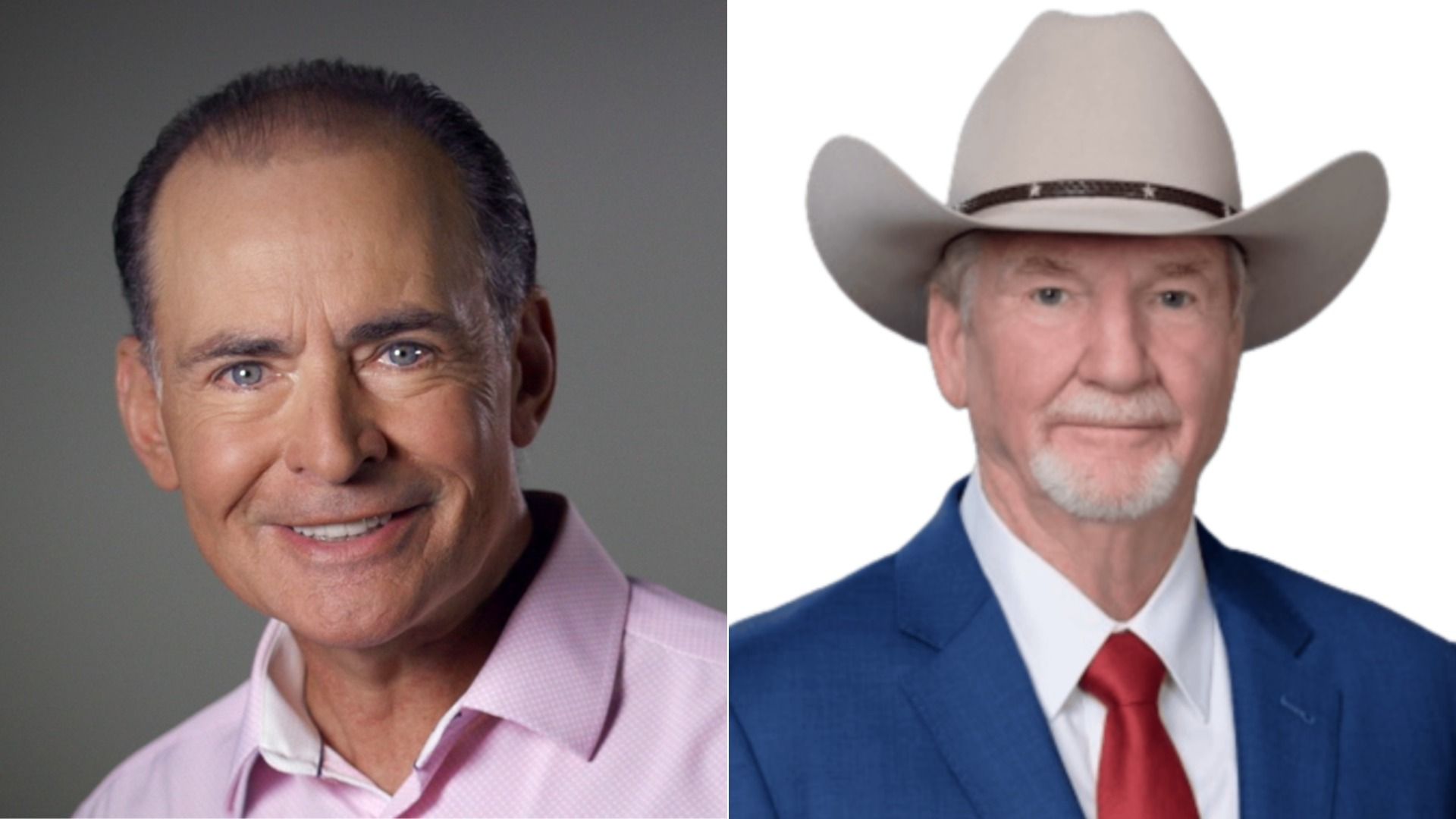 Side-by-side headshots of two older men. The left man wears a light pink shirt and smiles, the right man wears a blue suit, red tie, white shirt, and a light grey cowboy hat with a neutral expression.