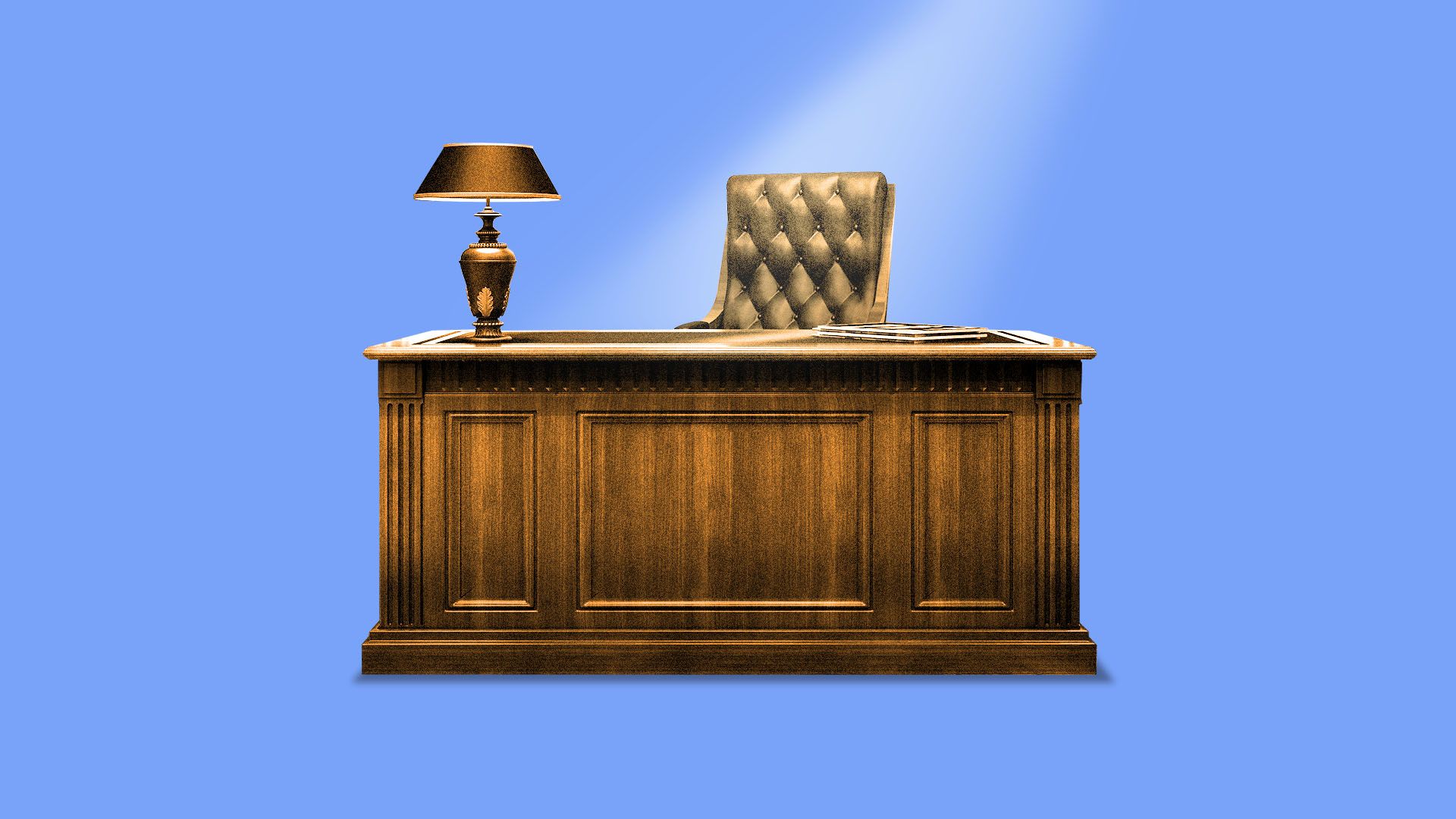 Illustration of an empty executive's desk with a light shining down from above.