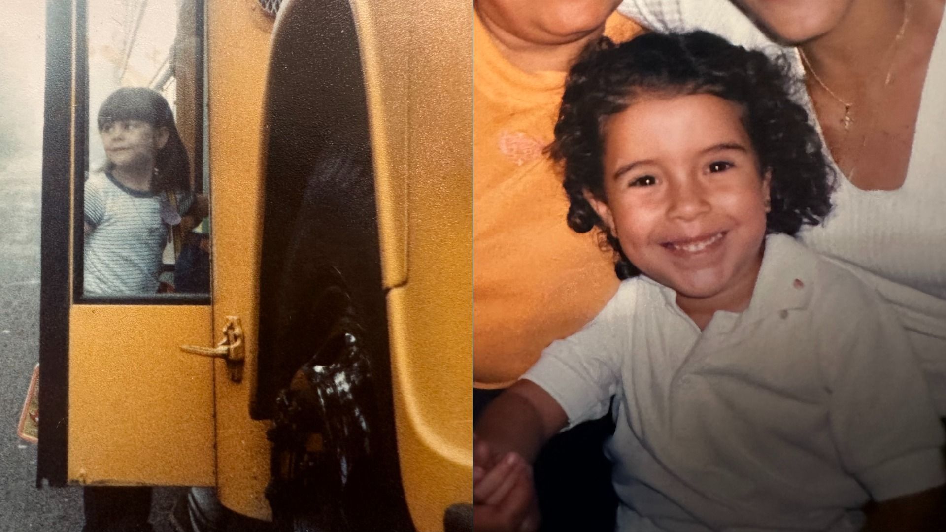 Two-panel photo: left shows a young girl in a striped shirt peering through a bus door window; right shows a smiling child with curly hair in a white polo shirt, with an adult nearby.