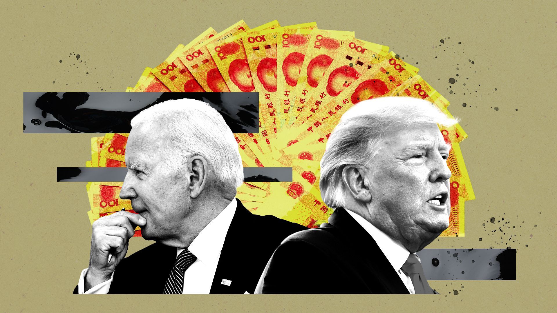 Photo illustration of President Biden, Donald Trump, Chinese currency, and oil textures.