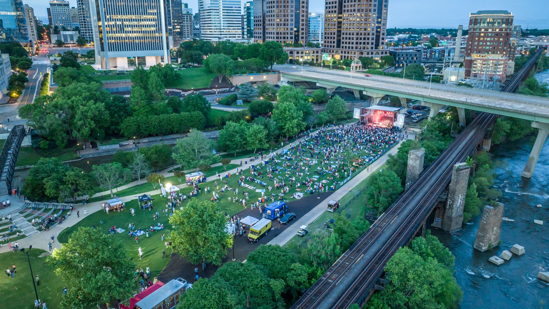 Brown's Island from the sky - an island with lots of people 