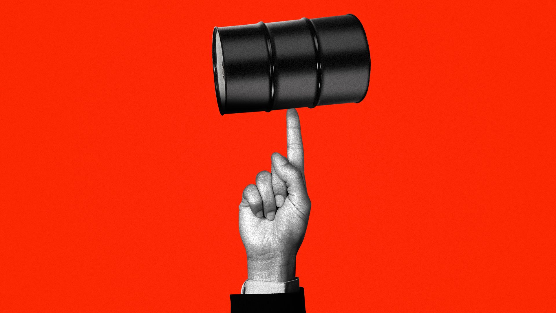 Illustration of a hand balancing an oil barrel. 