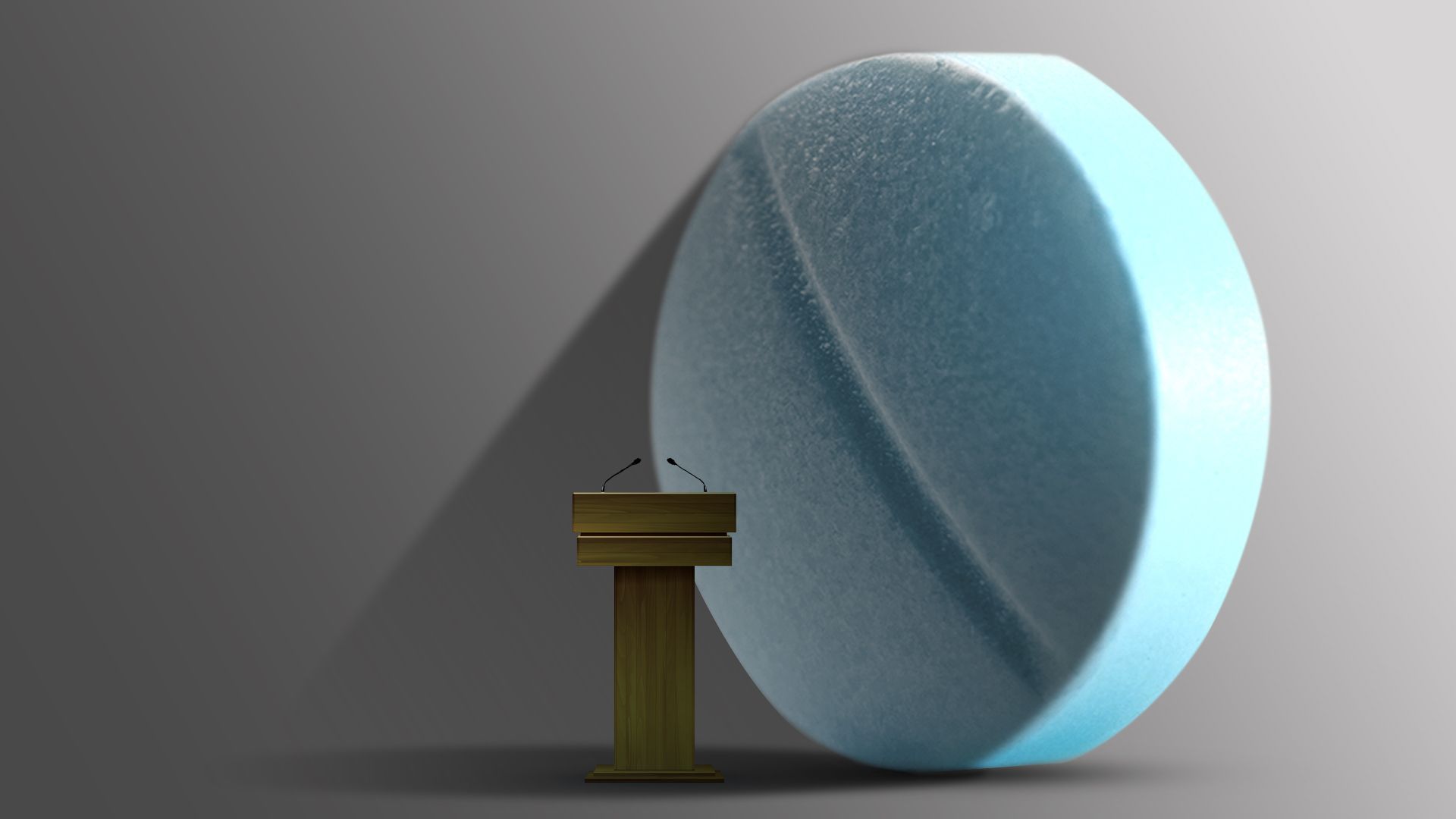 Illustration of a large blue pill looming over a small podium