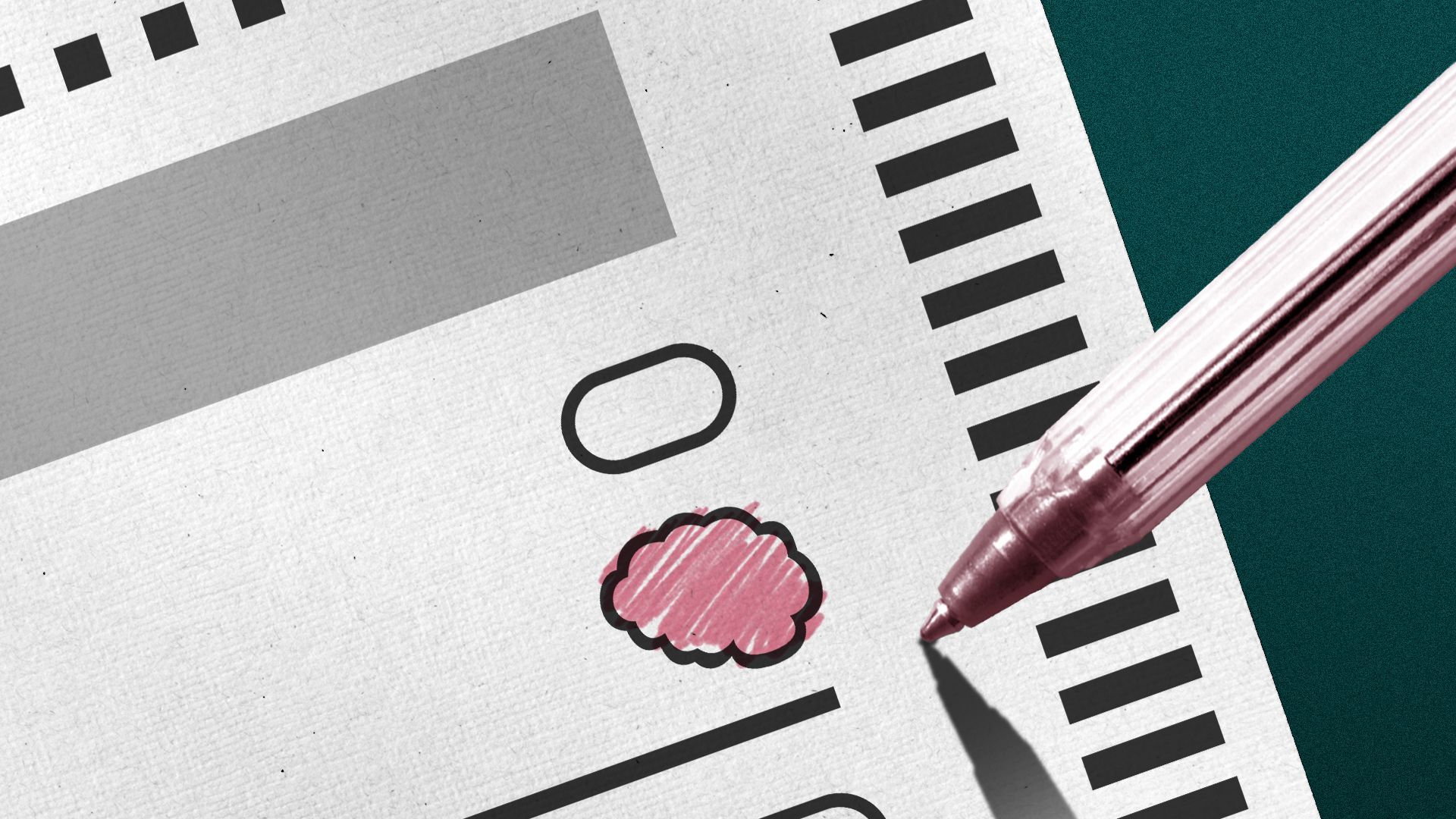 Illustration of a ballot with one of the options in the shape of a brain instead of an oval.