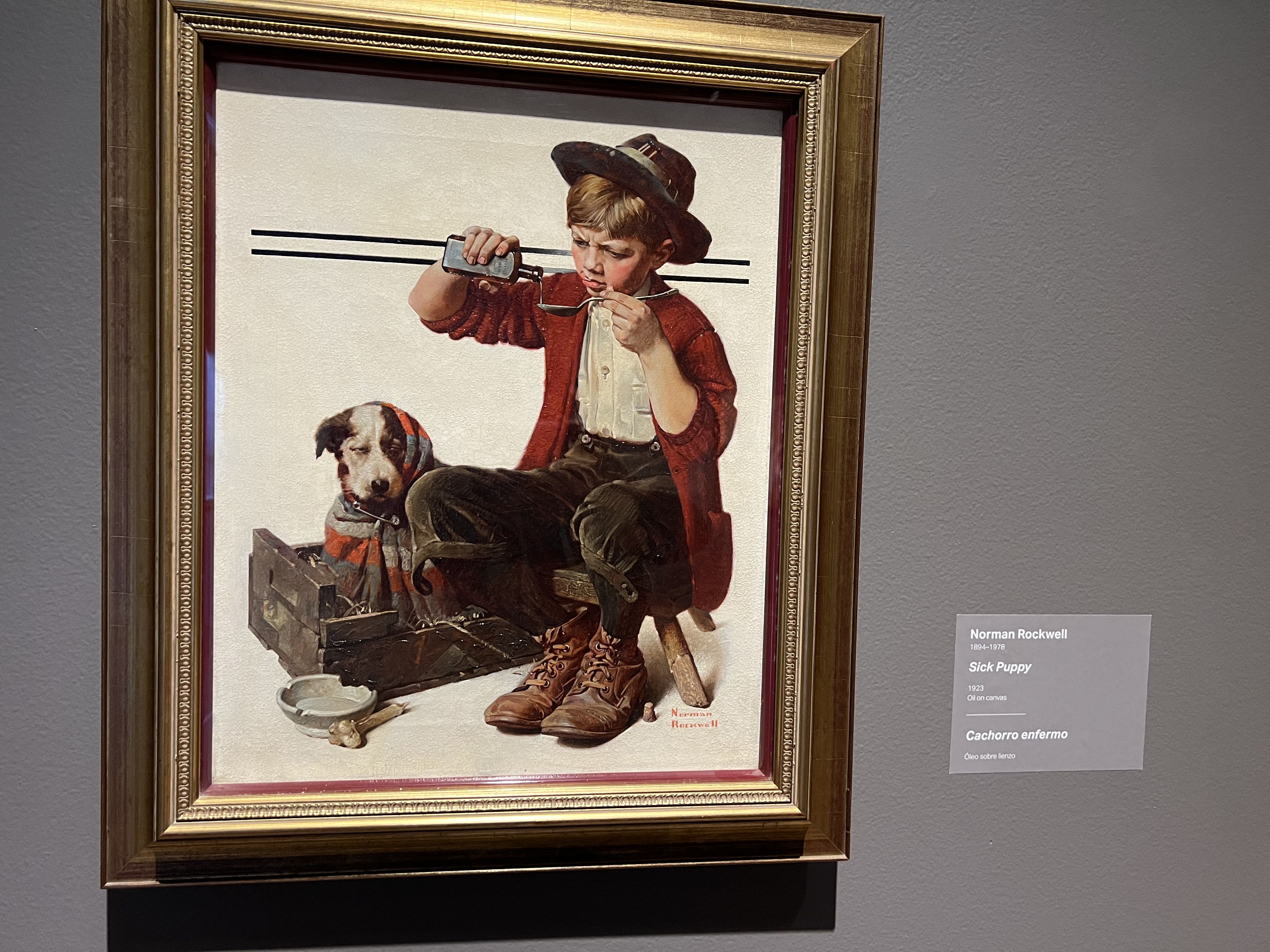 norman rockwell's "sick puppy" with a boy feeding a dog medicine