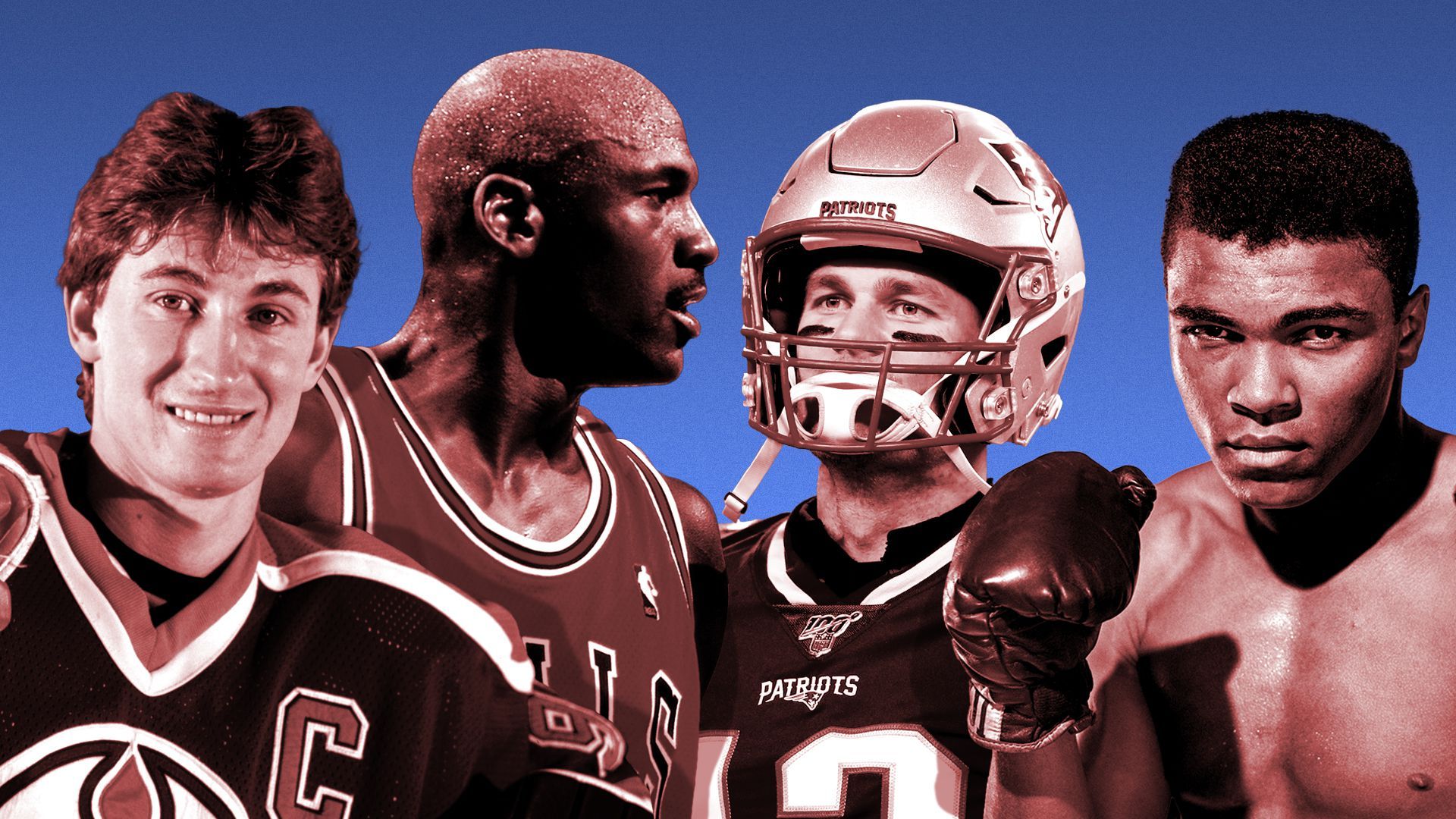 Photo illustration of Wayne Gretsky, Michael Jordan, Tom Brady and Muhammad Ali