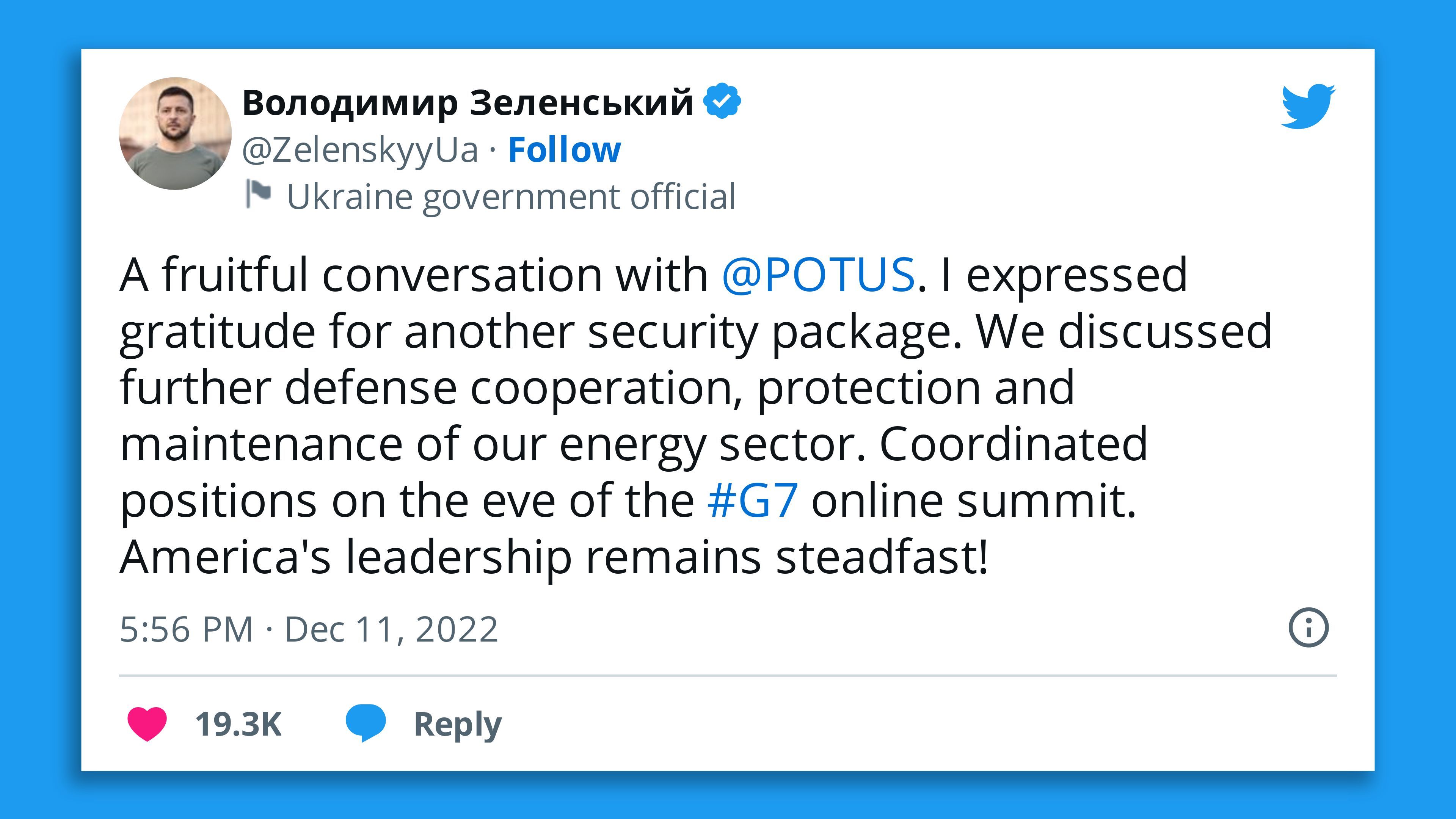 A screenshot of a tweet by President Volodymyr Zelensky saying his call with President Biden on security assistance was "fruitful."