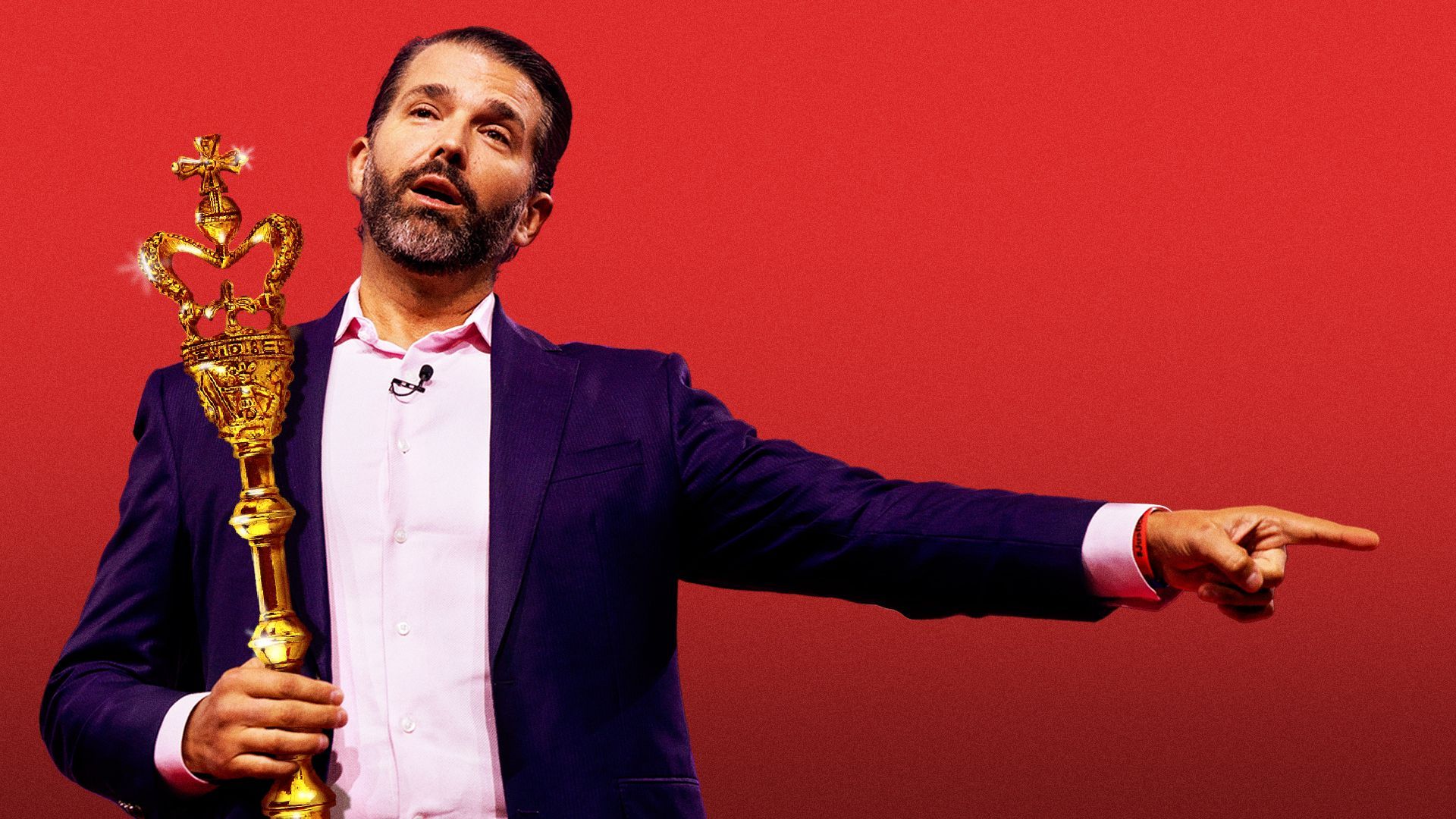 Photo illustration of Donald Trump, Jr. holding a golden scepter and pointing his finger off screen.