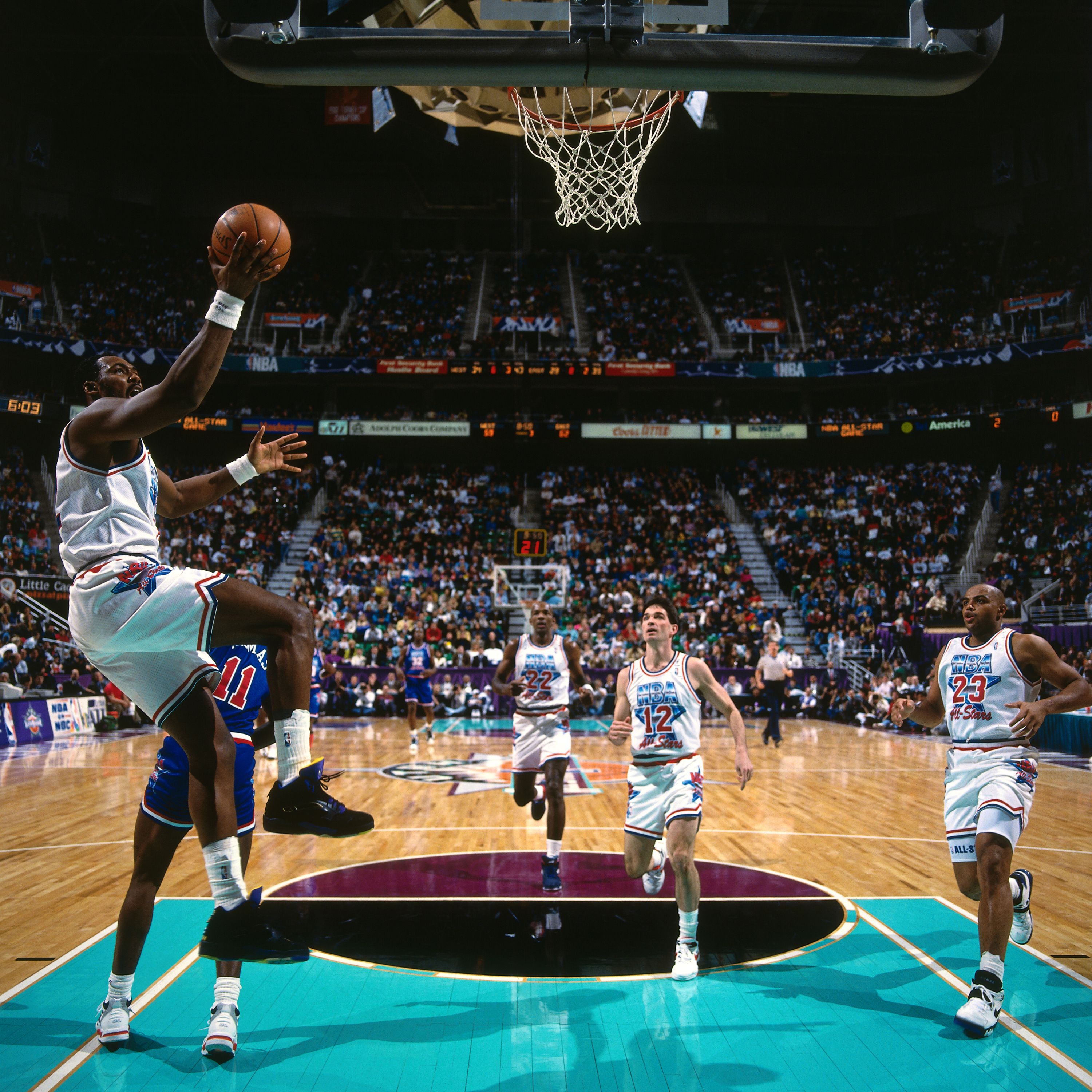 Karl Malone shoots during the 1993 NBA All-Star Game on February 21, 1993 at the Delta Center in Salt Lake City. Photo by Nathaniel S. Butler/NBAE via Getty Images