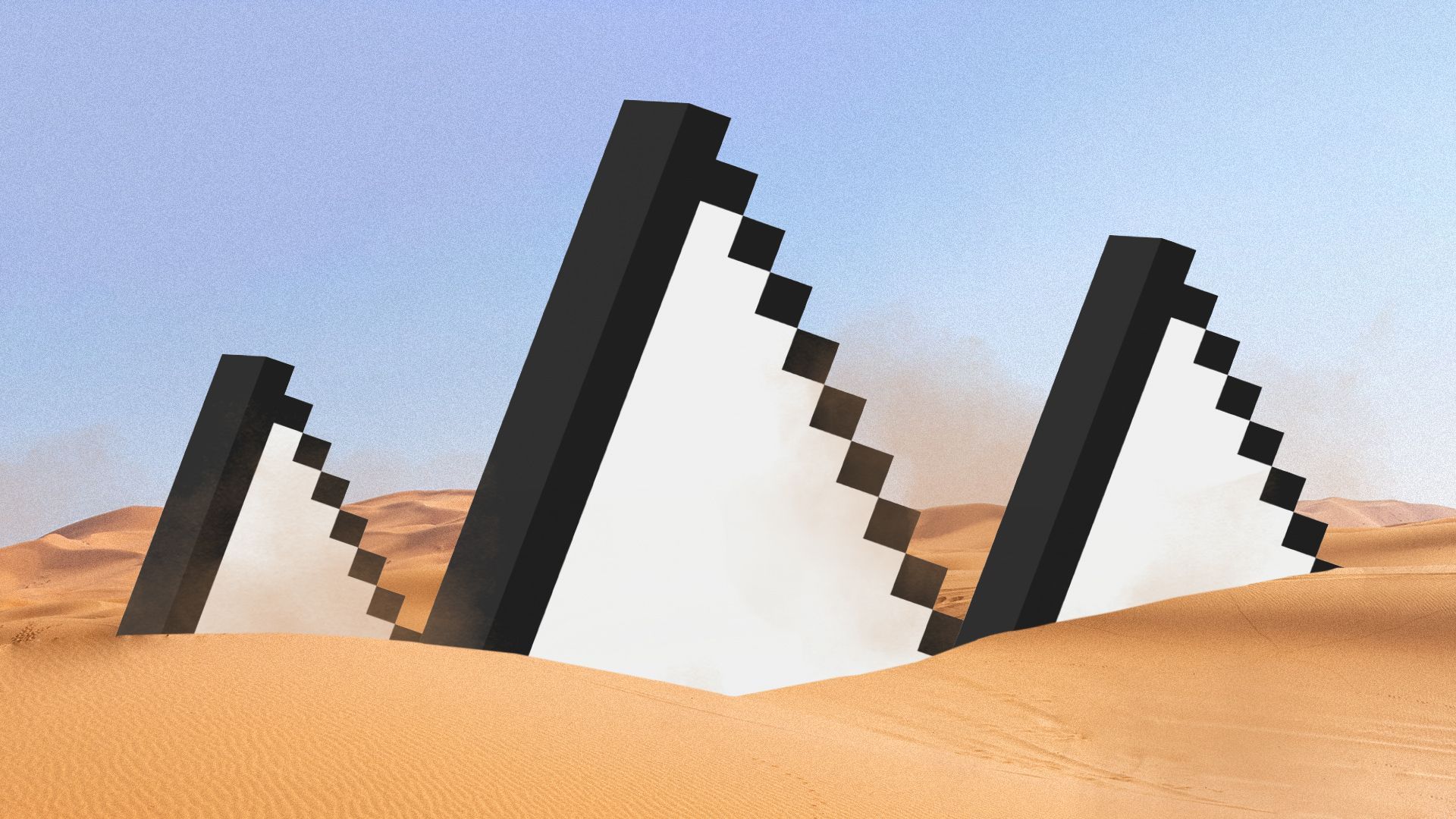 Illustration of the pyramids of Giza stylized as the tips of three cursors coming up from the desert. 