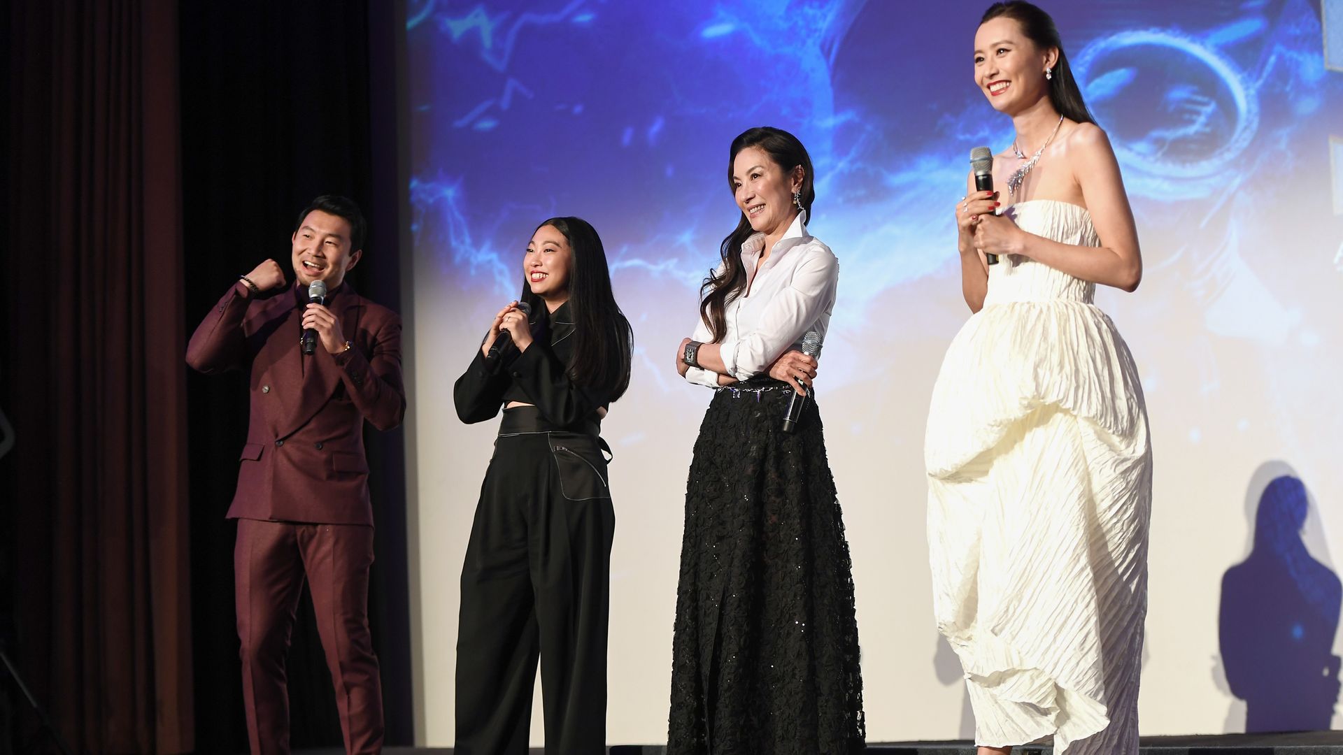 Simu Liu, Awkwafina, Michelle Yeoh and Fala Chen on stage at the "Shang-Chi and the Legend of the Ten Rings" UK Gala Screening at Curzon Cinema Mayfair on August 26, 2021 in London, England. 