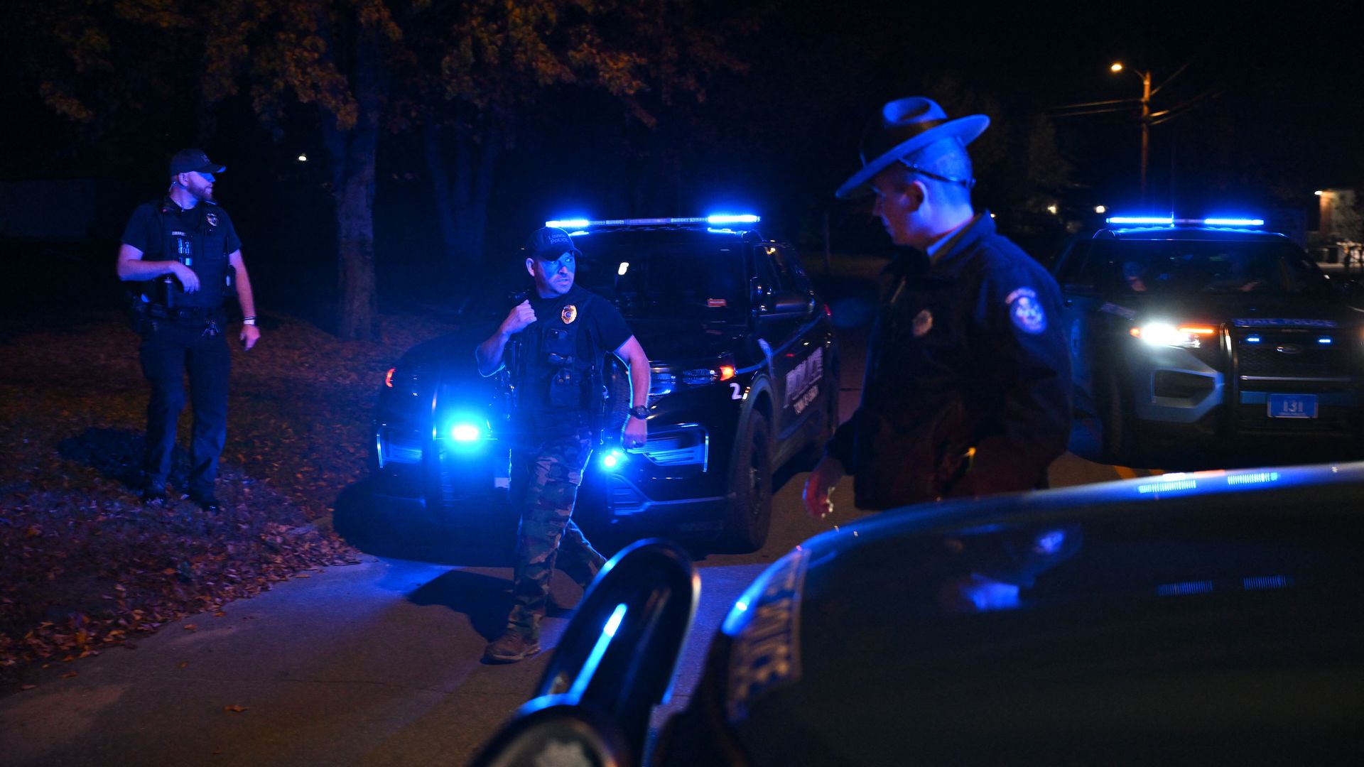 Police officers block traffic after shooting suspect Robert Card was found dead in Lisbon, Maine, on October 27, 2023. 