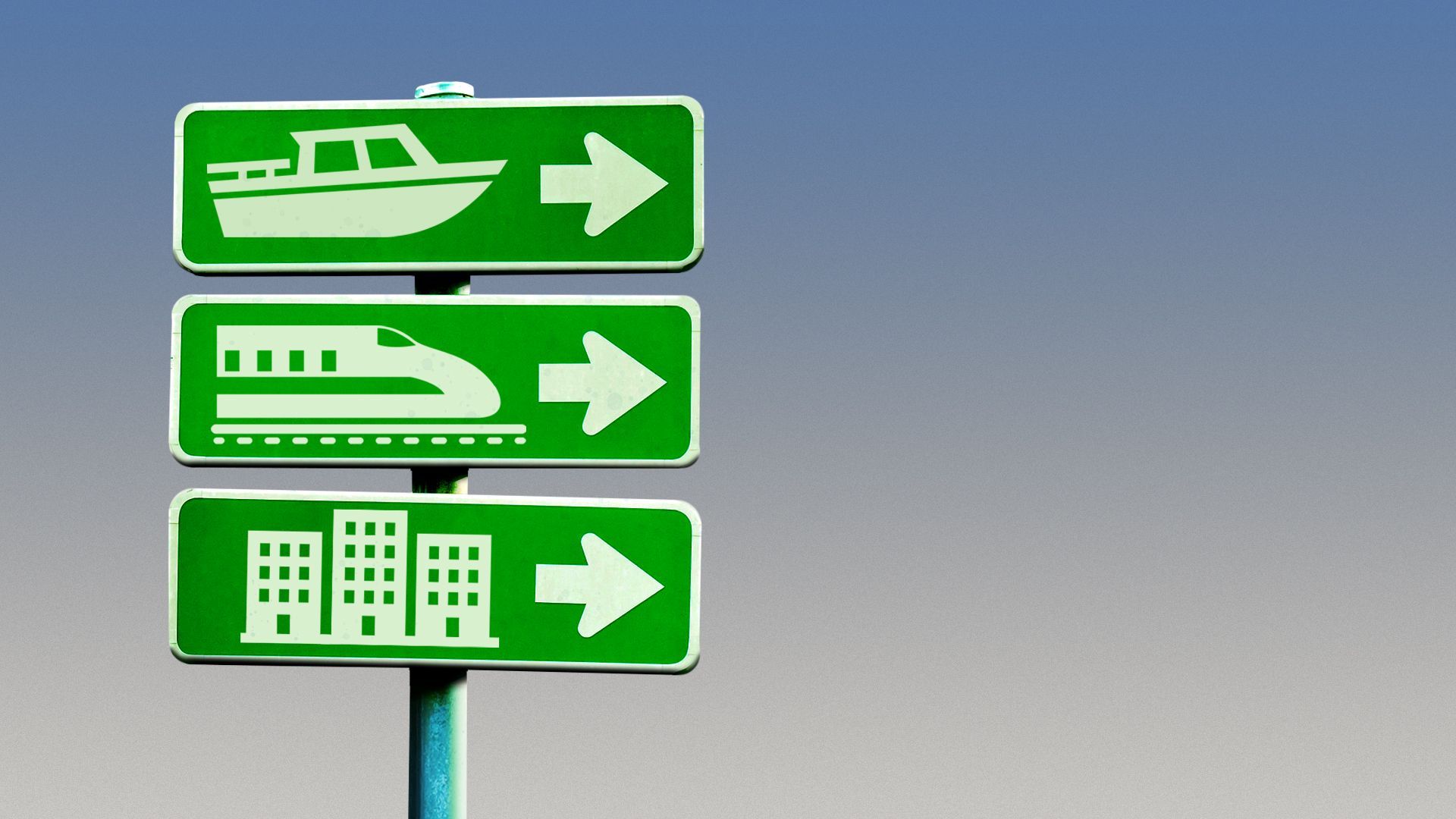Illustration of a series of roadsigns on a pole with boat, train, and building icons