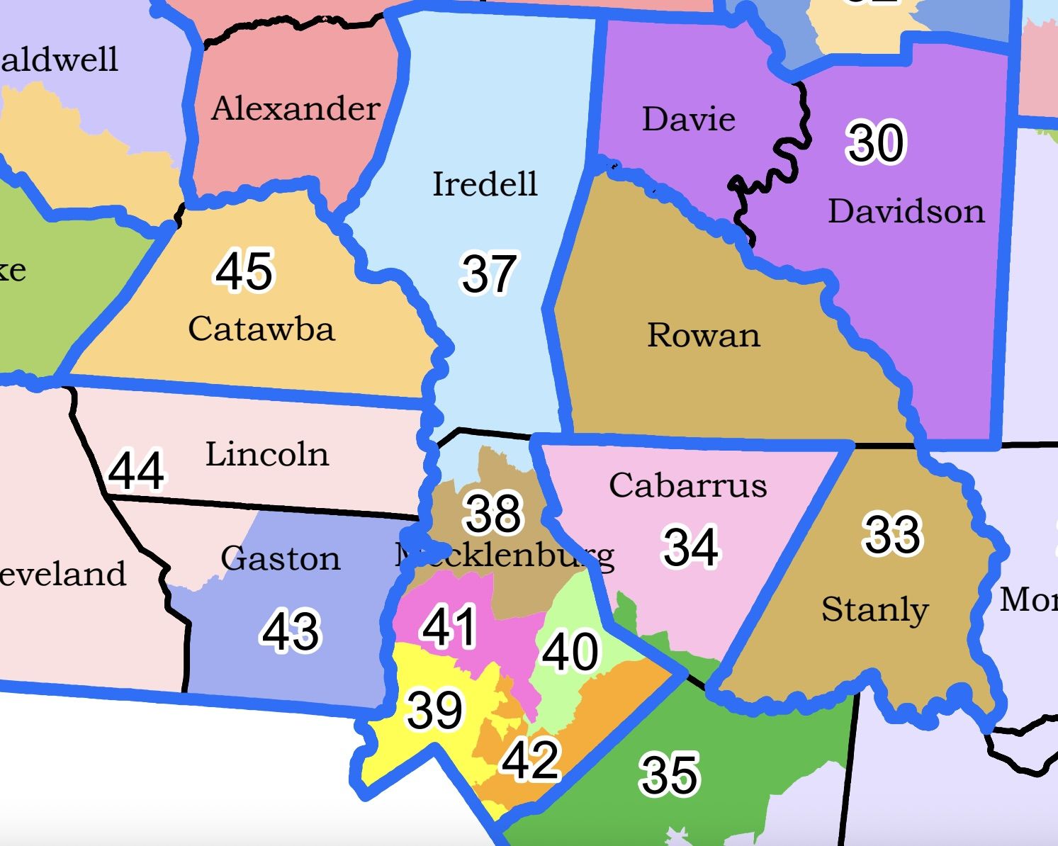 Colorful county map fragment with thick blue borders. Highlights Iredell, Catawba, Davie, Rowan, Lincoln, Gaston and Mecklenburg counties, each in a different color with large white numeric labels.