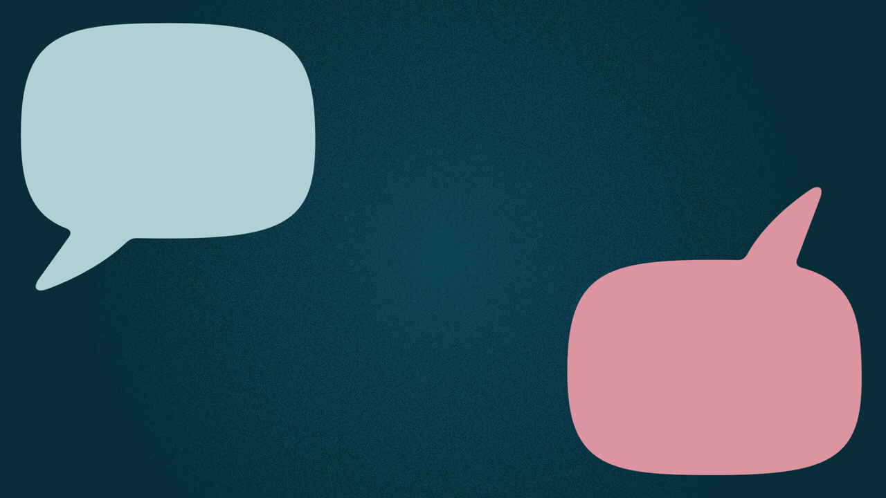 Animated illustration of two word balloons, which move toward each other, revealing a checkmark when they overlap.