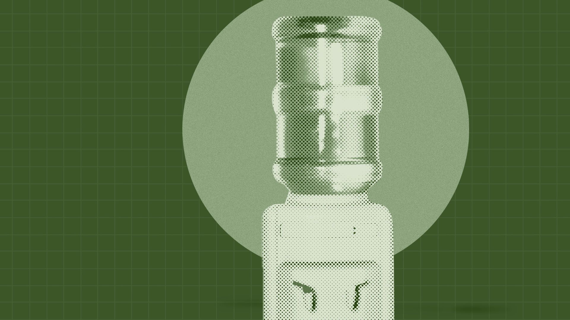 an illustration of a water cooler in front of an olive colored background with a graph pattern