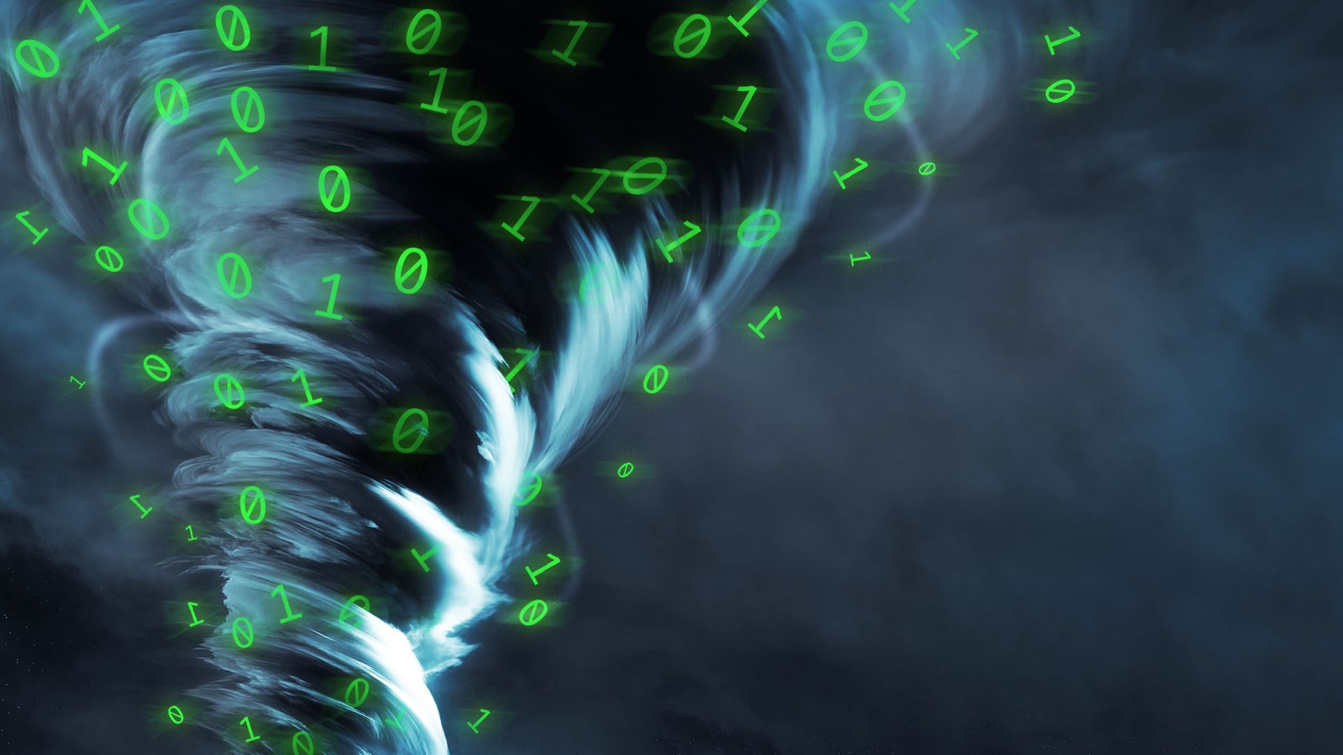 Illustration of a tornado filled with binary code