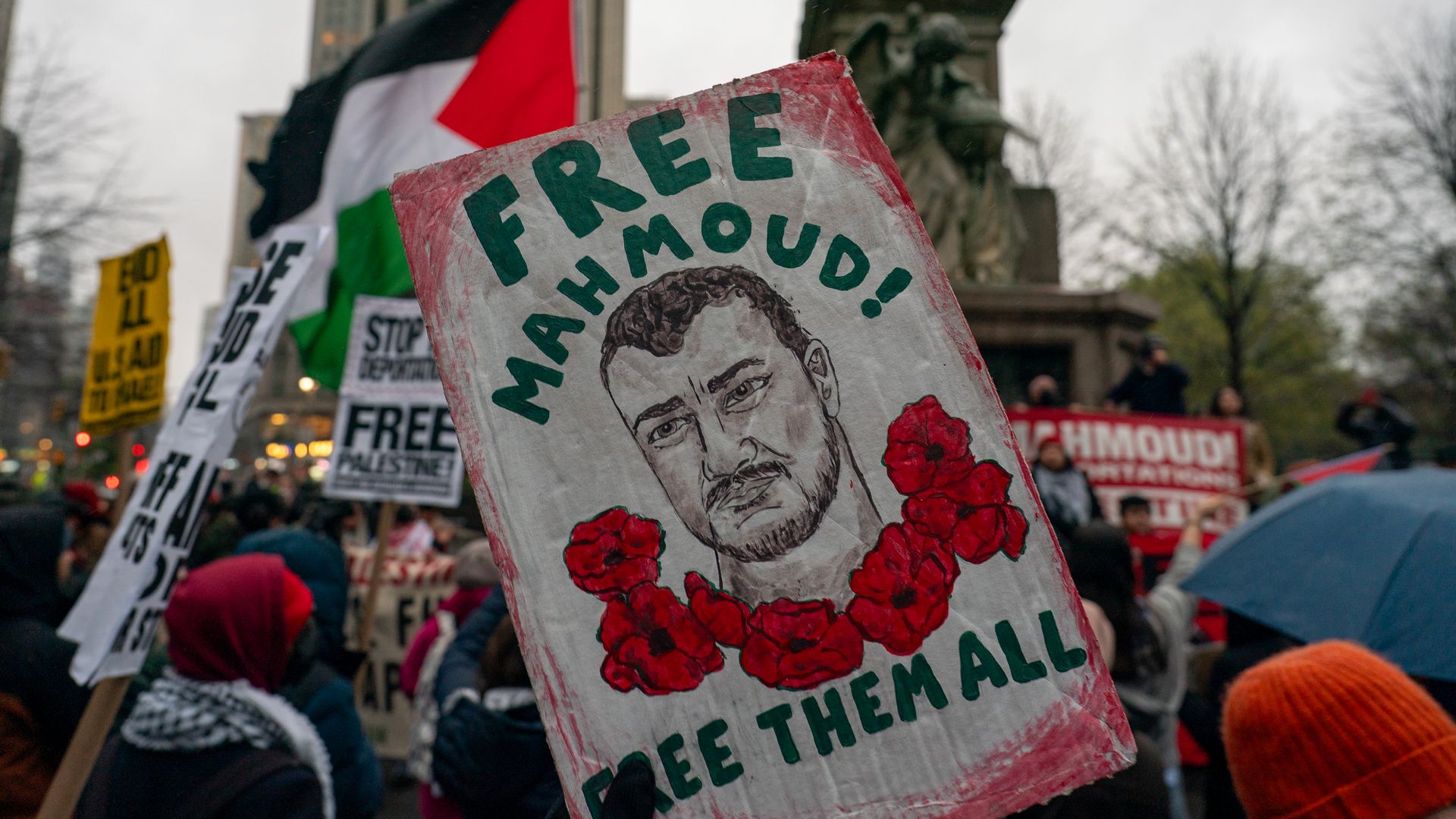 Demonstrators gather in Columbus Circle in solidarity and to demand the release of detained Columbia University graduate student Mahmoud Khalil on April 12, 2025 in New York City. An immigration judge ruled that Columbia University graduate student Mahmoud Khalil can be deported as a national securi