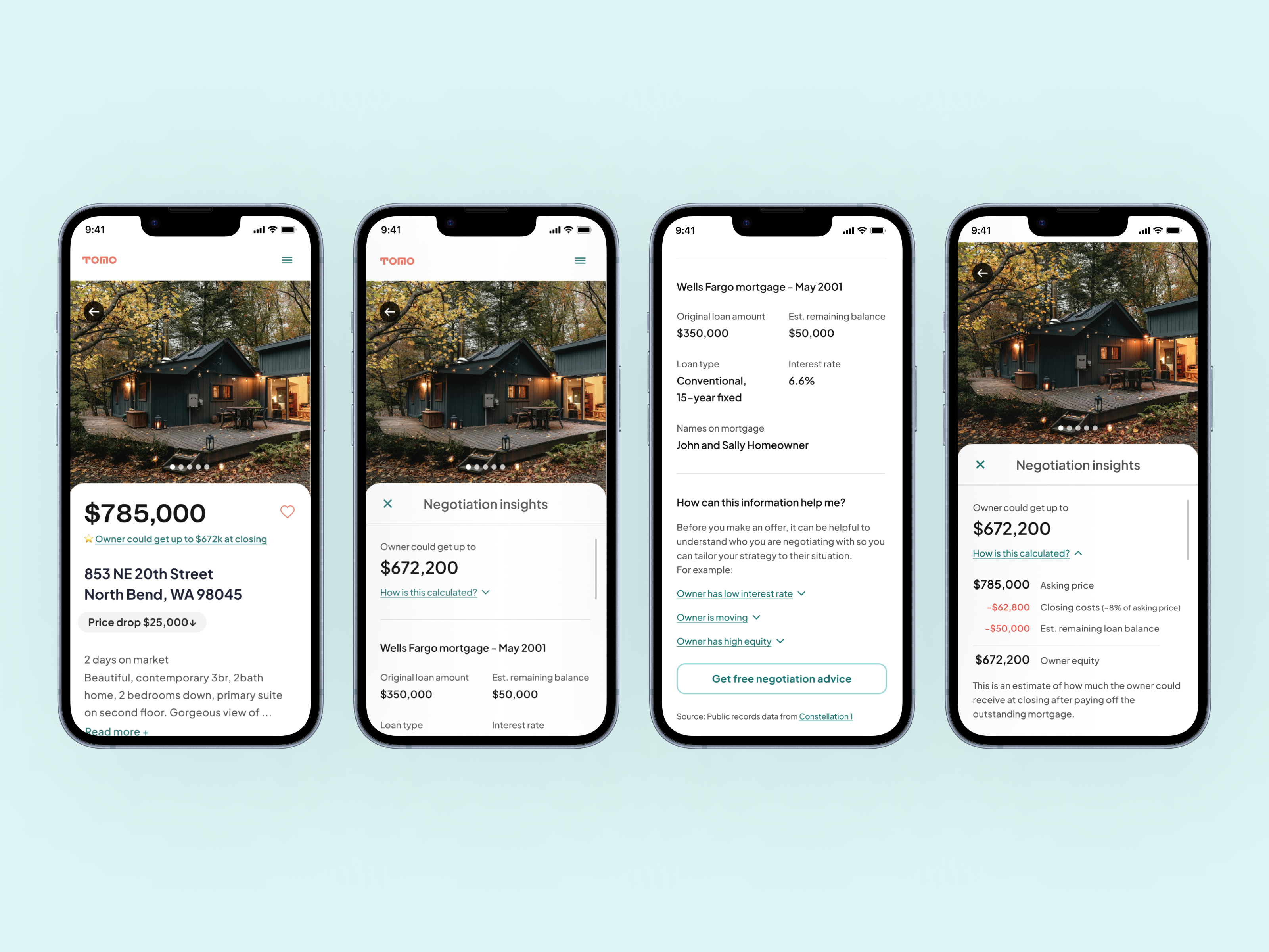 photo of phone screens showing homeowner and mortgage insights about a home listing in north bend washington priced at $785,000