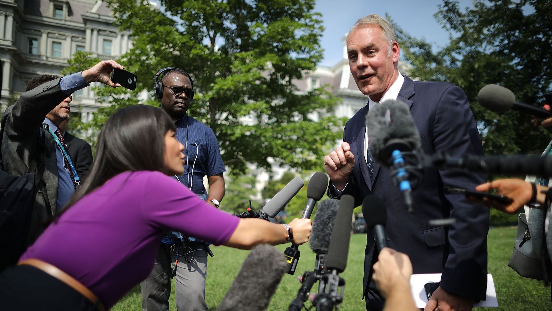 Interior Secretary Ryan Zinke discusses wildfires with press at the White House.