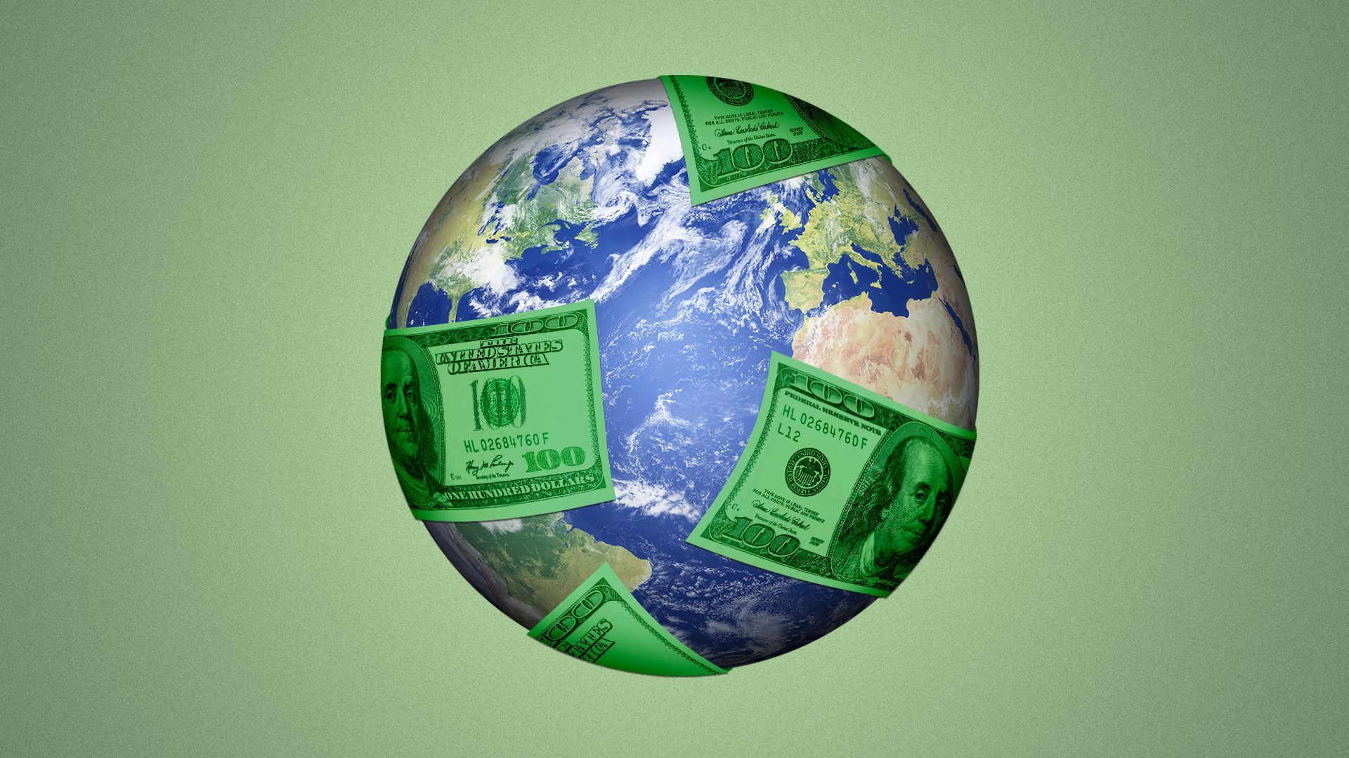Illustration of the Earth being covered in hundred dollar bills. 