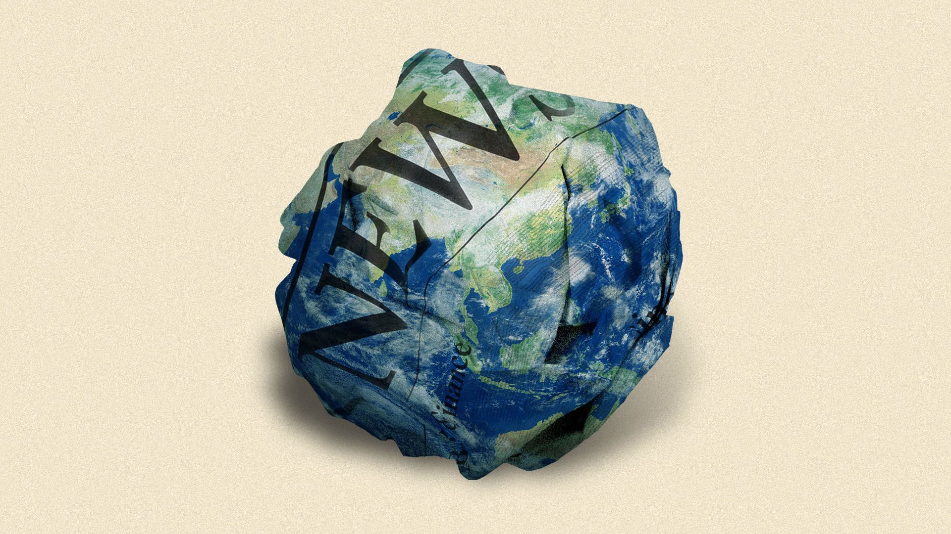 Illustration of a crumpled newspaper page in the shape of the earth