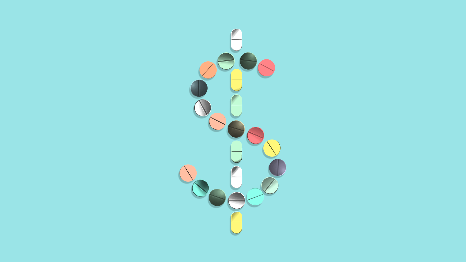 An illustration of a dollar sign and pills.
