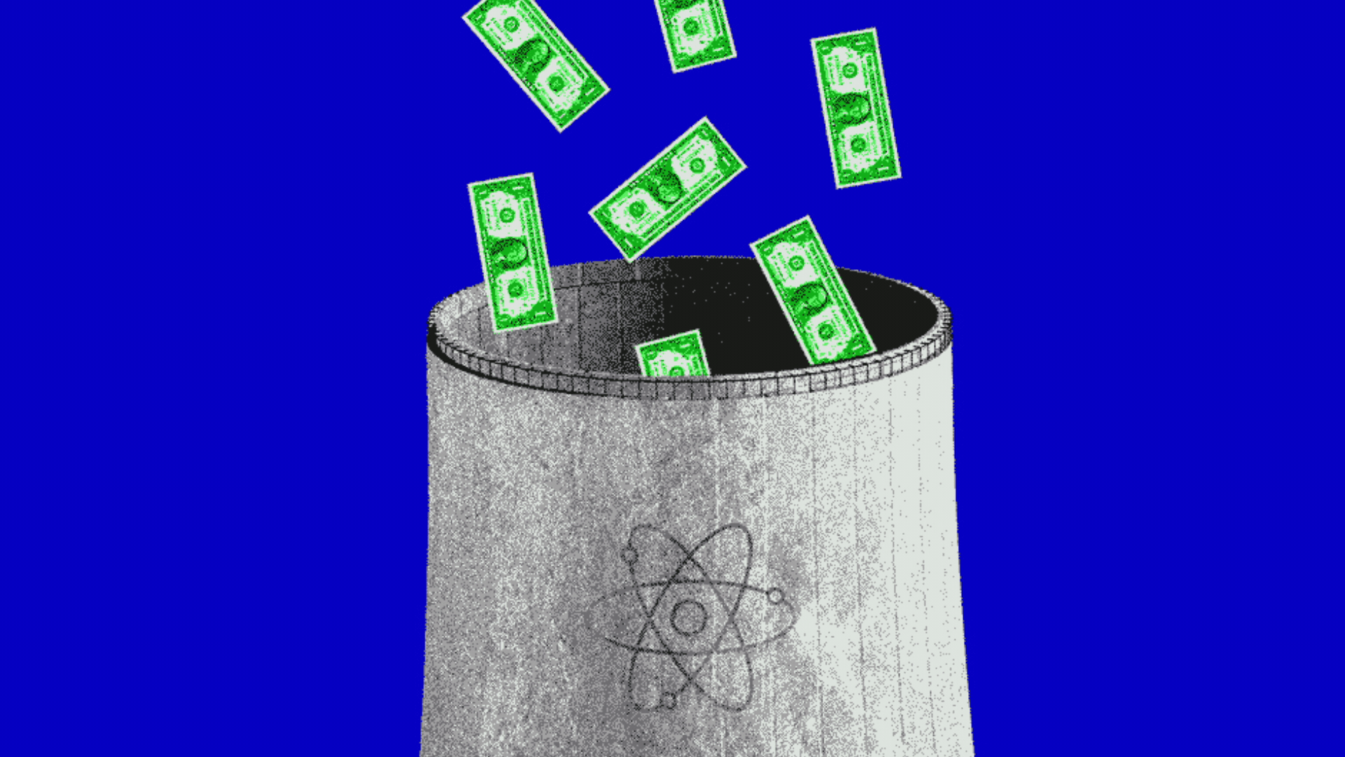 Illustration of dollar bills falling into a nuclear power plant.