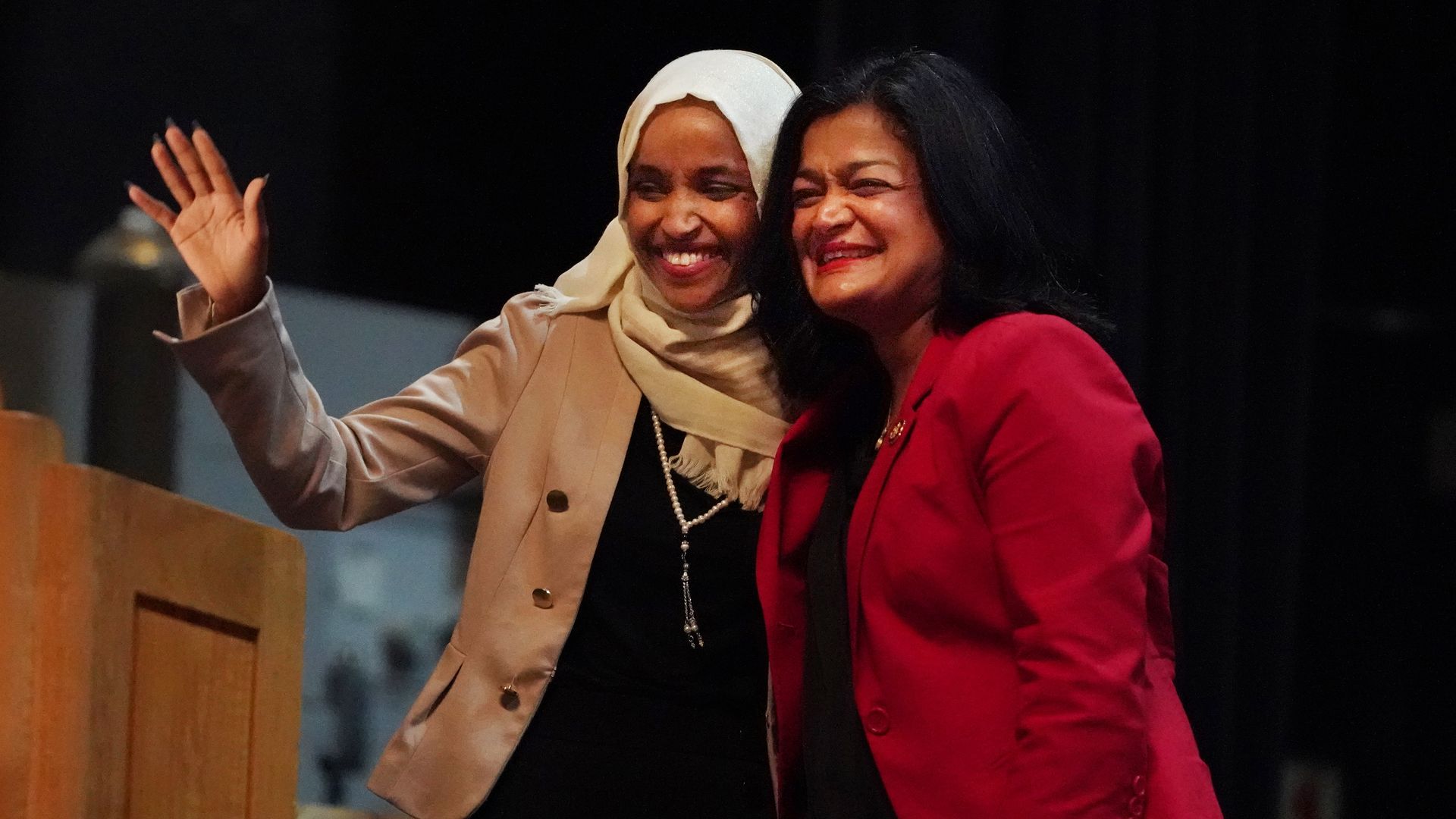 US Congresswoman Ilhan Omar and Rep. Pramila Jayapal at a town hall in Minneapolis, MN.