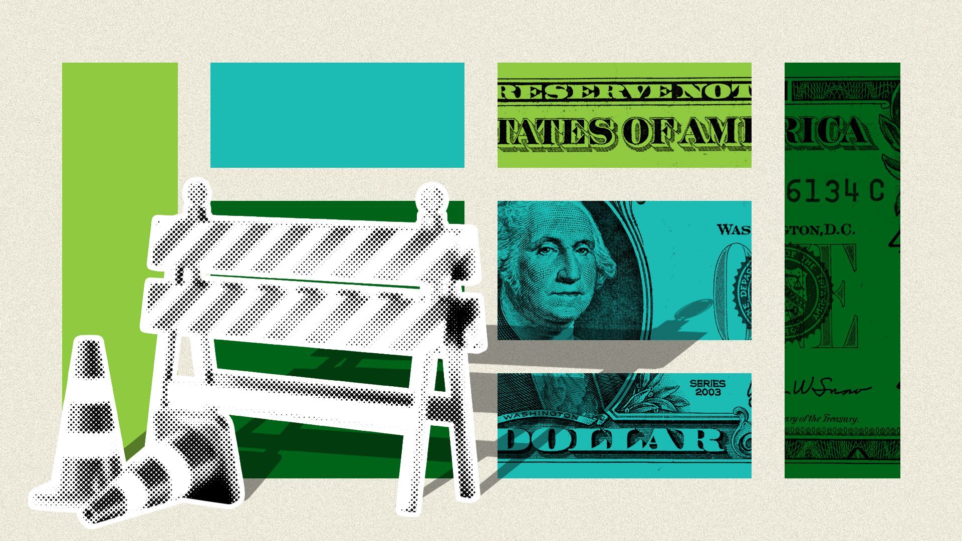 Illustration of a construction barrier and traffic cones in front of a broken up dollar bill.