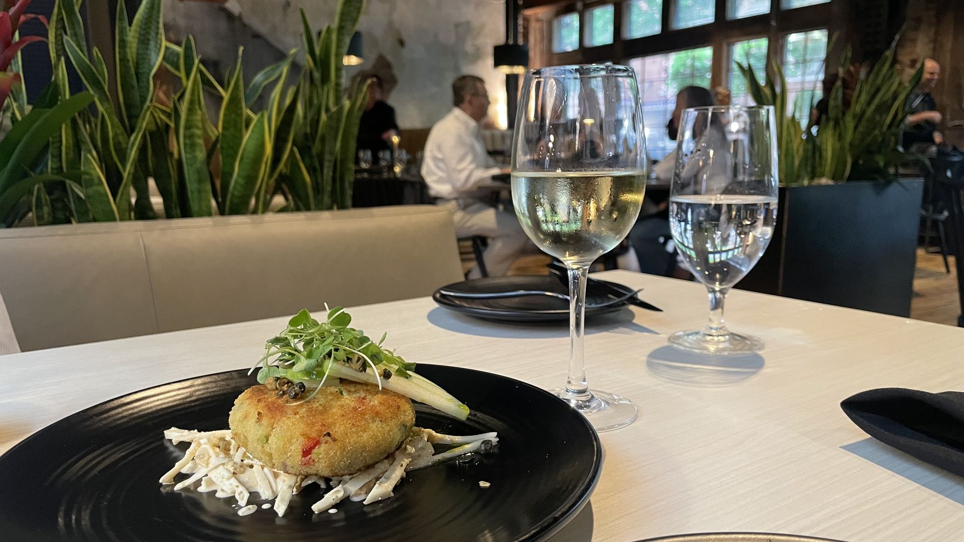 Black plate with a breaded patty topped with microgreens and sliced vegetables, a glass of white wine and a glass of water on a light wood table in a restaurant with green plants and large windows.