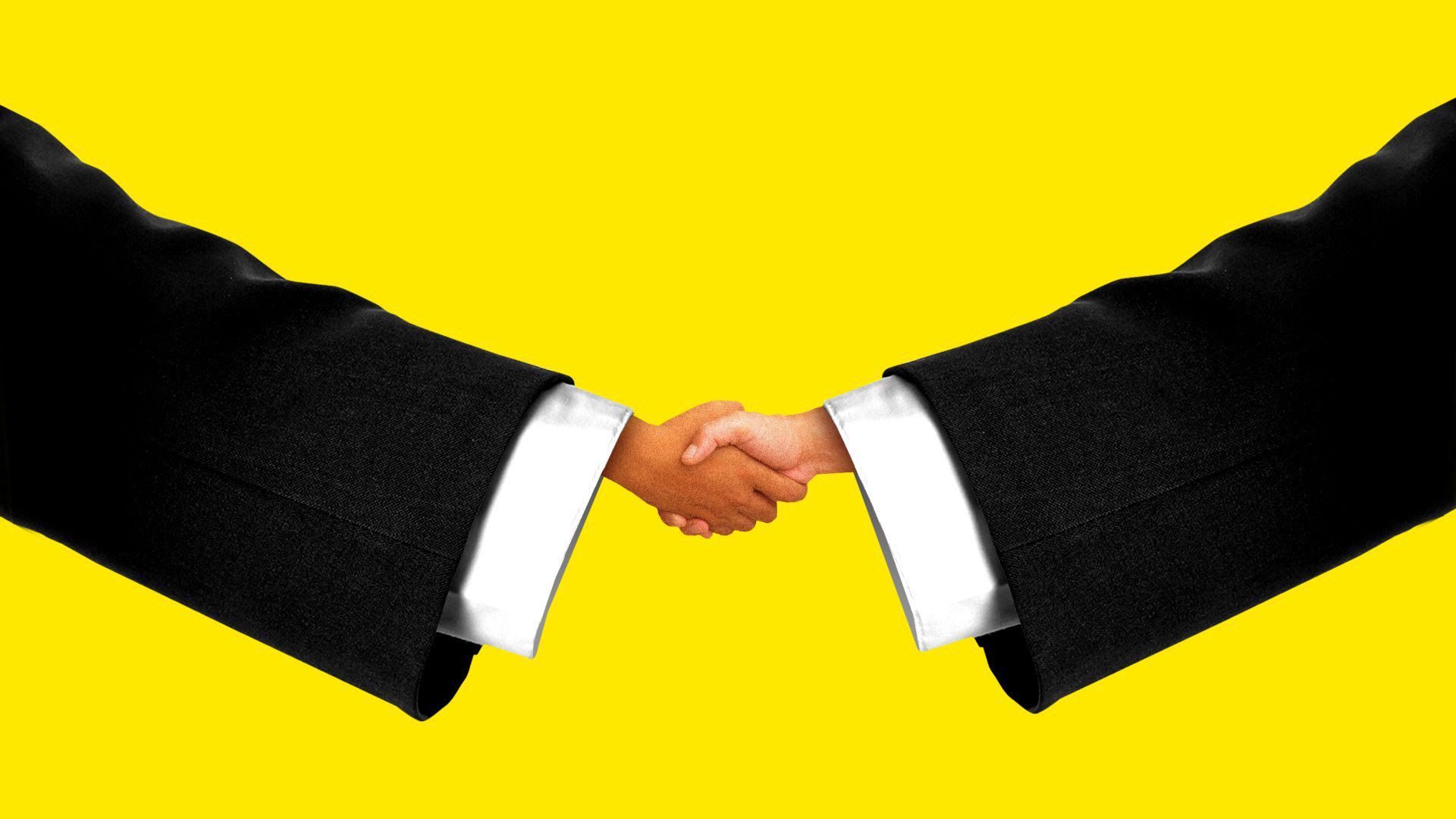 An illustration of two small hands shaking.