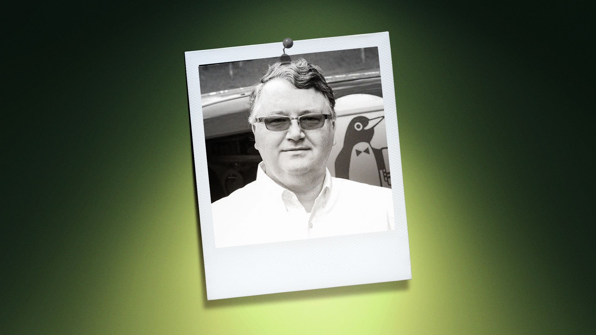 Photo illustration of Scot Wingo in the center of a Polaroid photo under a green spotlight.