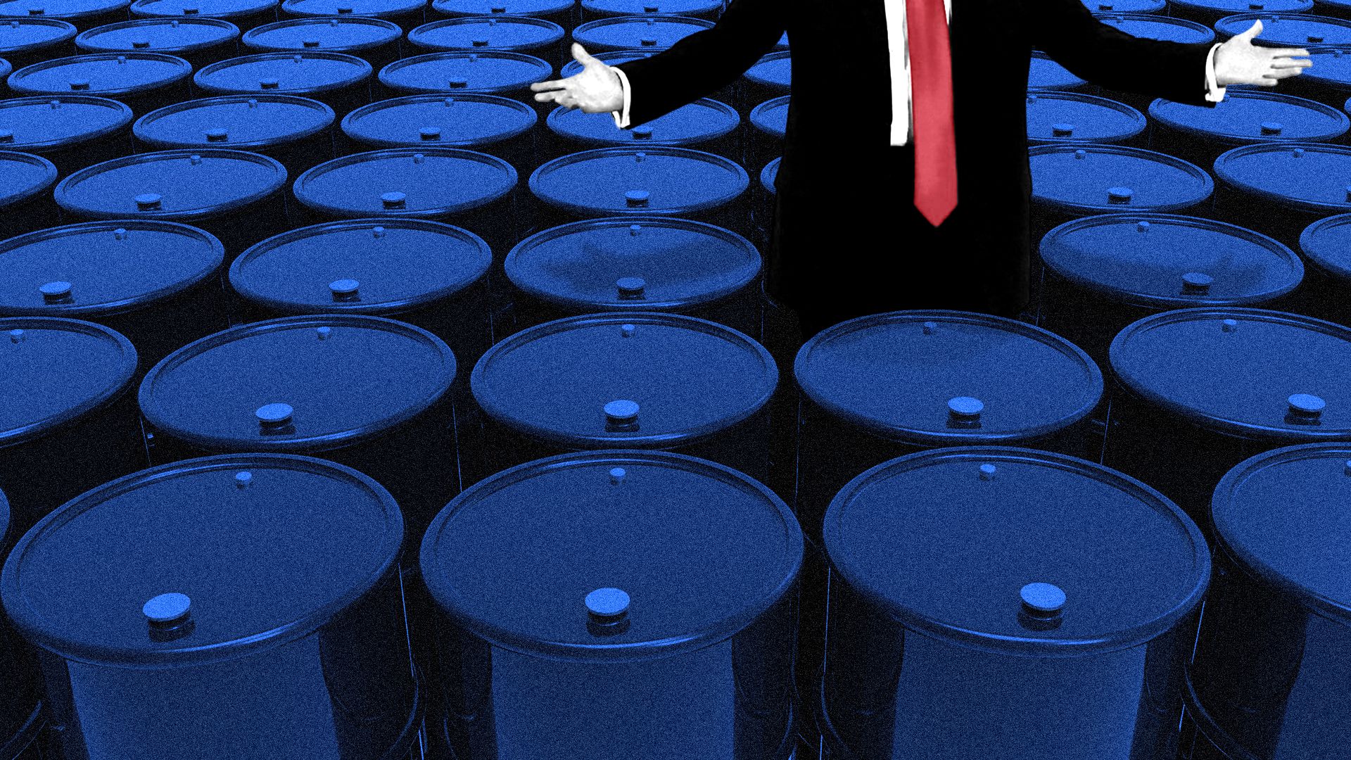 Photo illustration of Donald Trump, cropped from the shoulders down and holding his arms out with upturned hands, standing amid rows and rows of oil barrels.