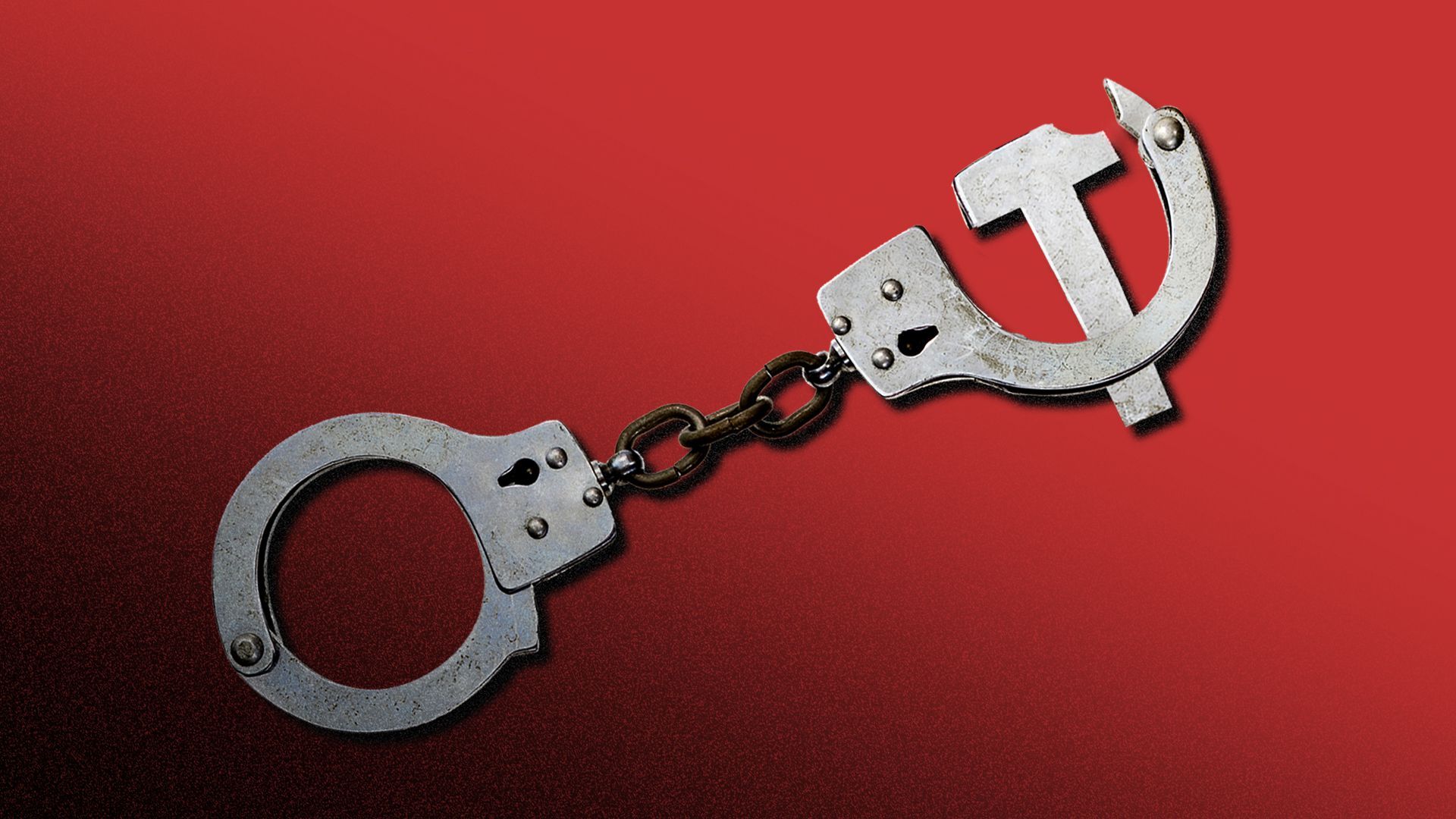 Illustration of handcuffs, with one side containing the Chinese Communist Party emblem.