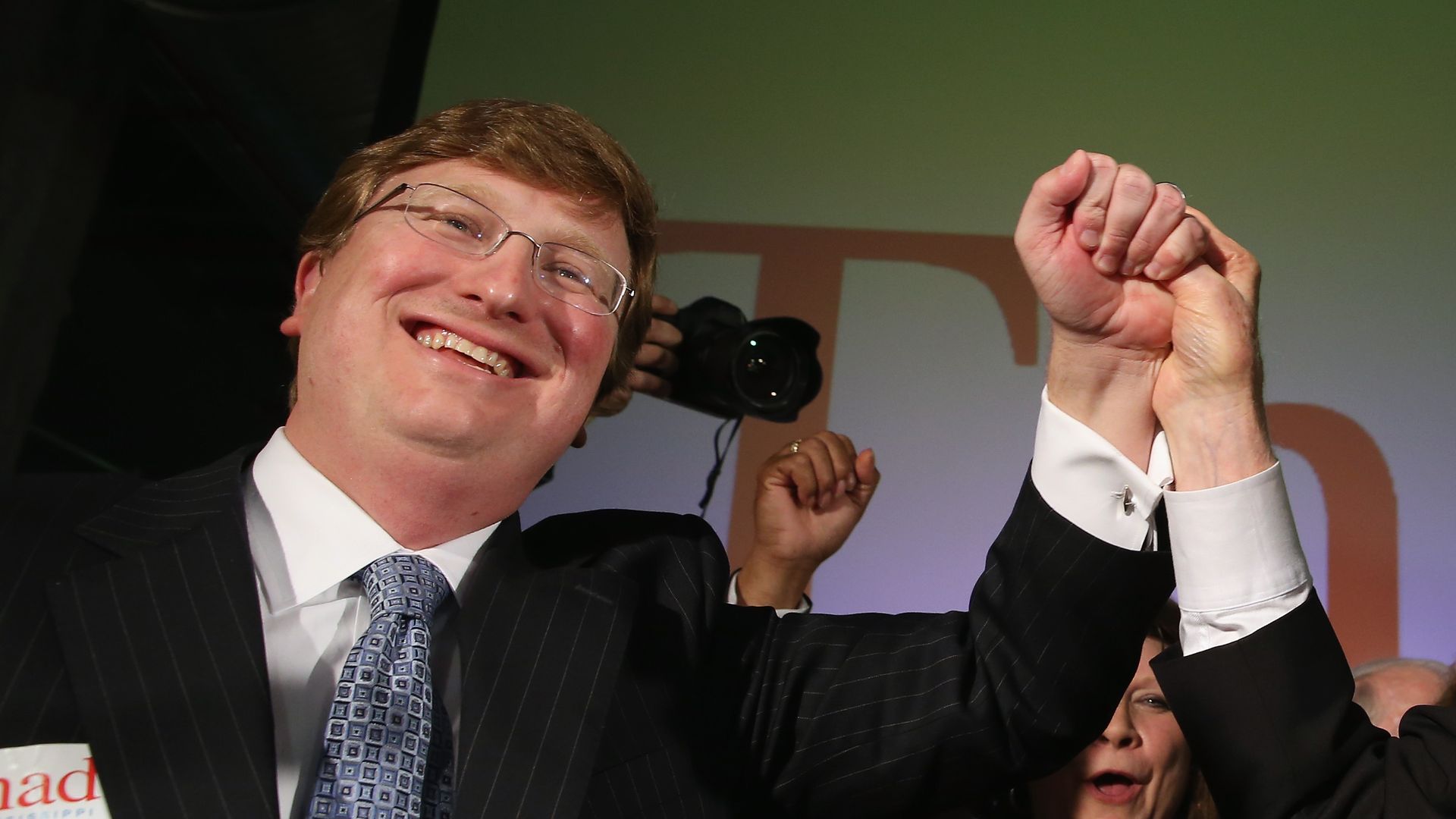 U.S. Sen. Thad Cochran (R) (R-MS) and Mississippi Lieutenant Governor Tate Reeves (L) celebrate