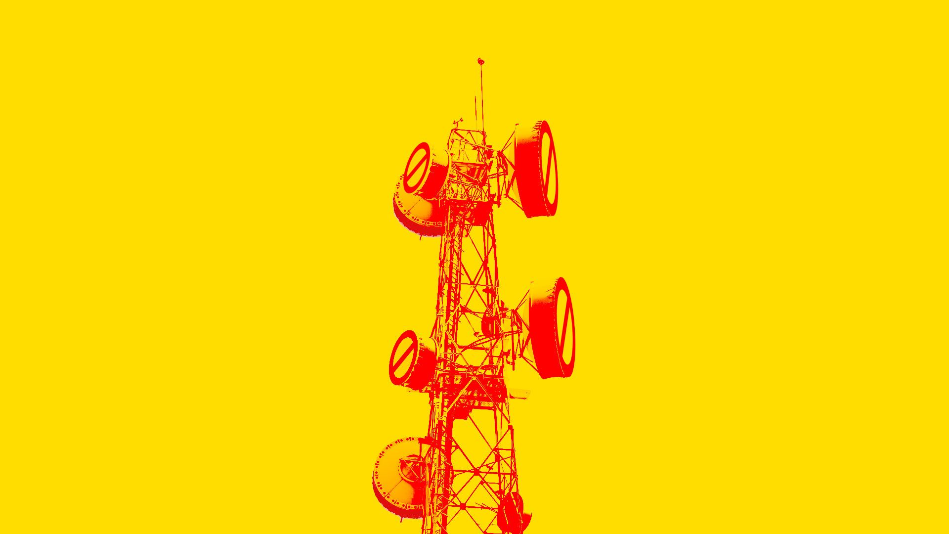 Illustration of a telecommunications tower with the red ban sign over satellite dishes
