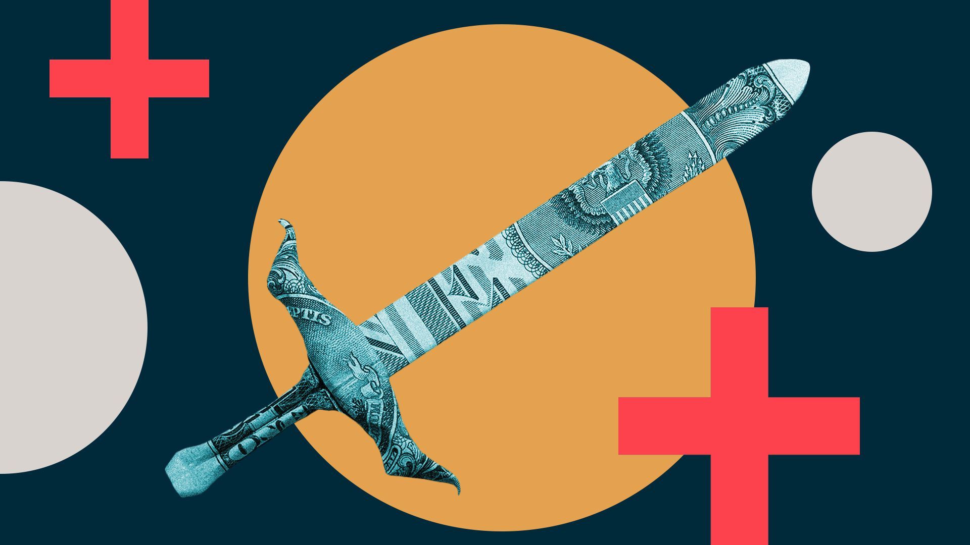 Illustration of a sword made from a dollar bill with medical cross and other shapes behind it