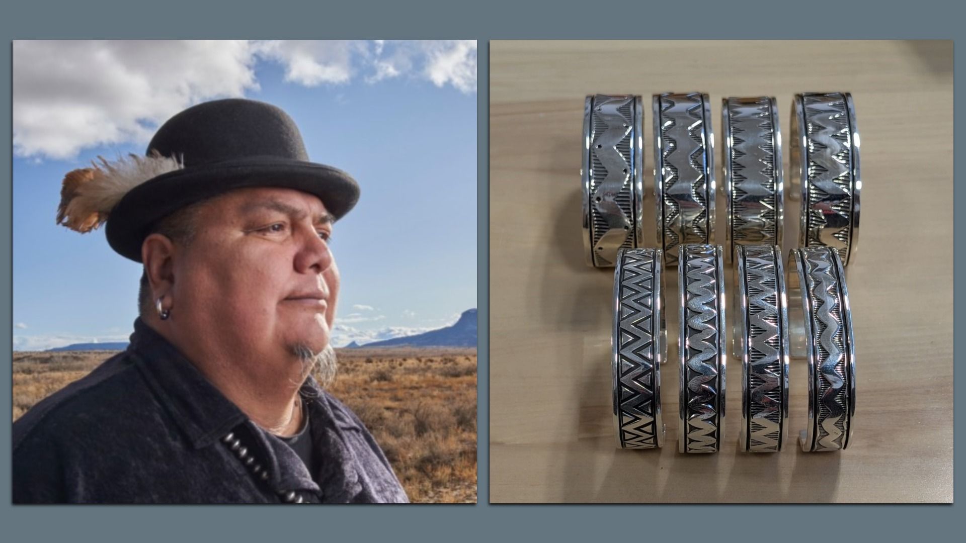 Left panel shows a man in a black hat with a feather, standing in a desert under a blue sky. Right panel shows six silver bracelets with zigzag engravings on a light wood surface.