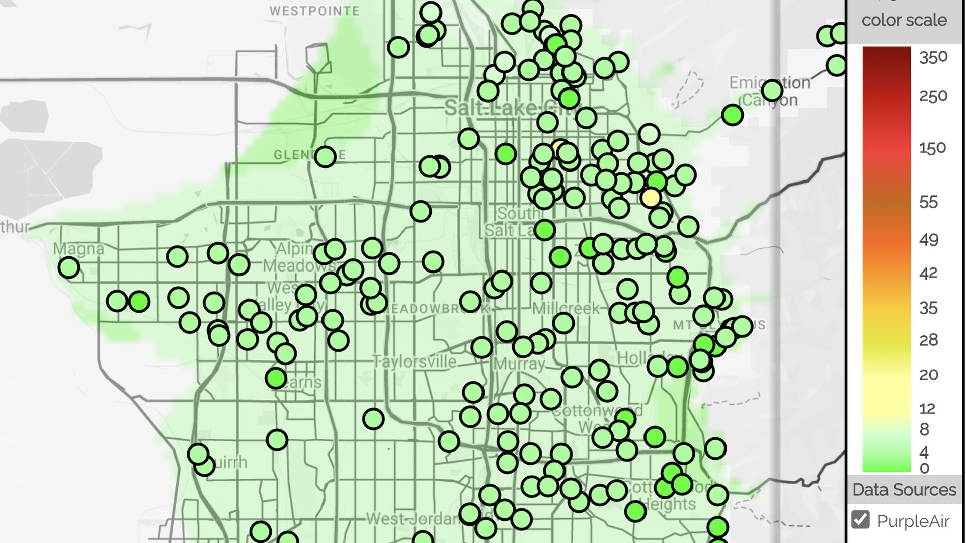 "Green" air quality readings appear across a map of Salt Lake County.