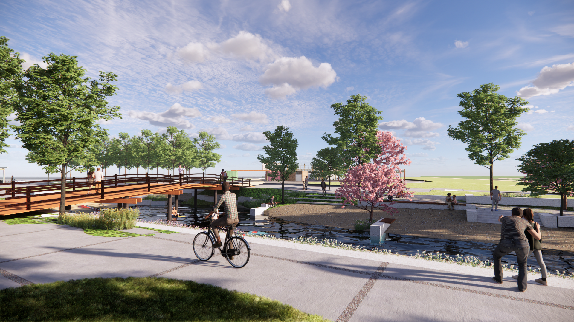 Rendering shows a bike path and bridge going over the water
