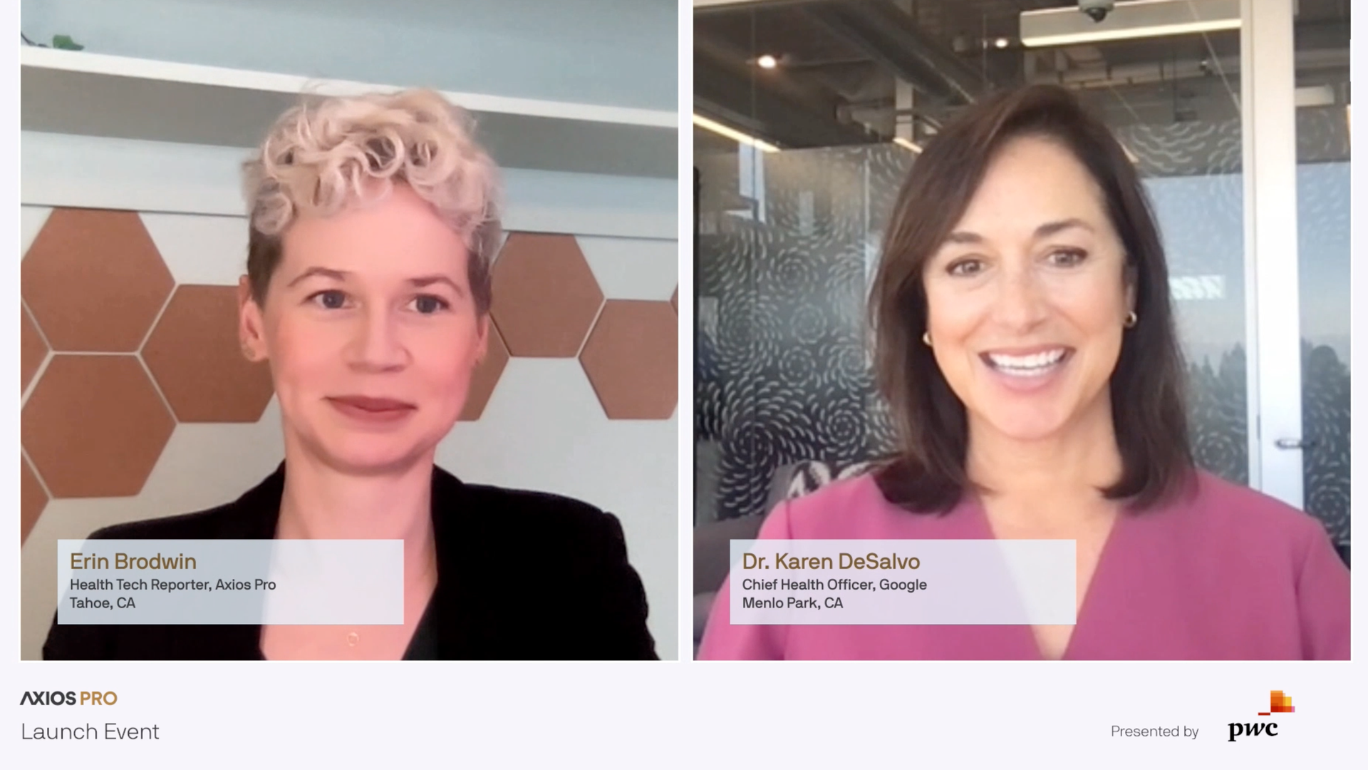 A split screen of an axios reporter and the google health executive.
