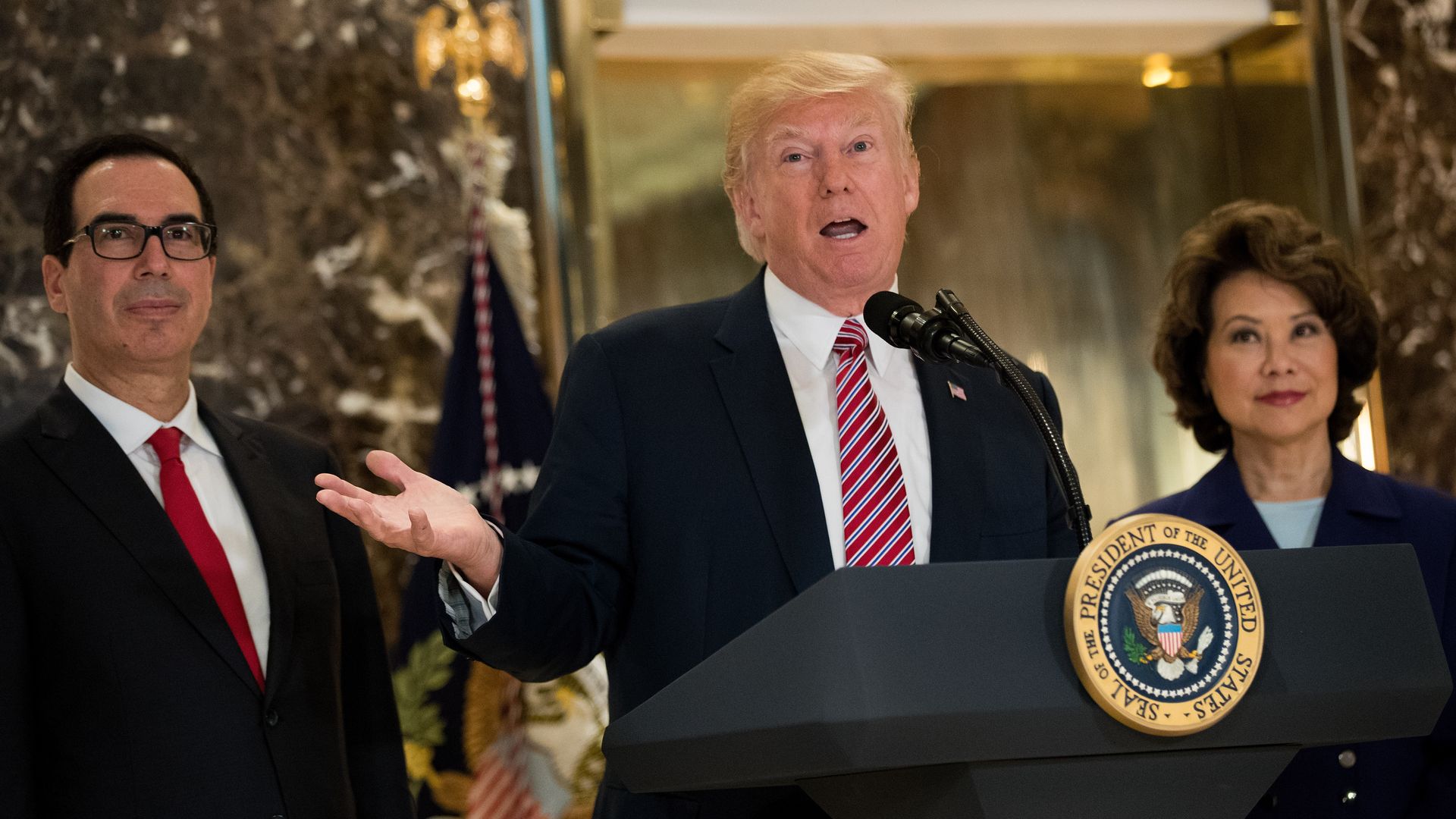 President Trump with Steve Mnuchin and Elaine Chao
